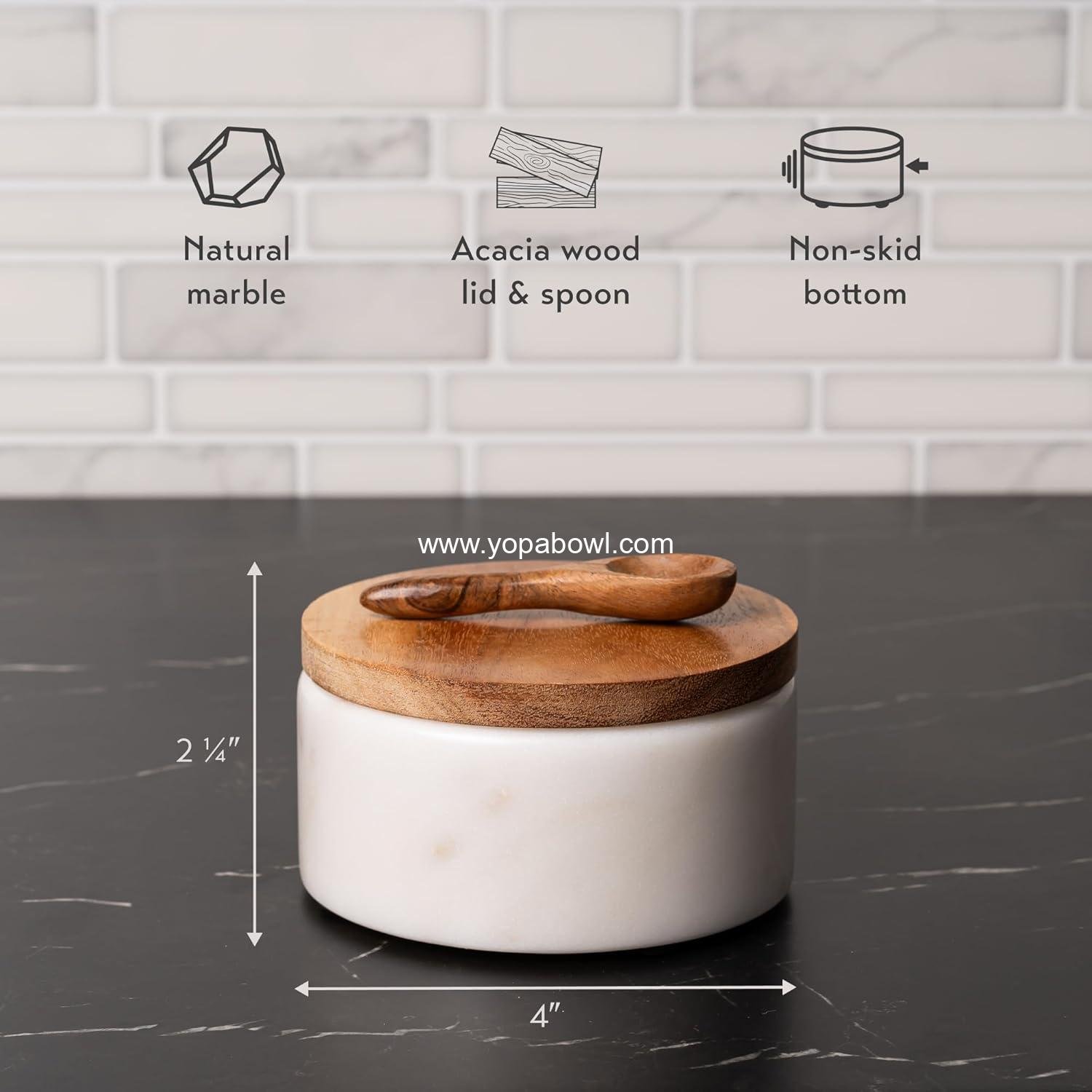 Wholesale White Marble Salt Cellar with Acacia Wood Lid and Spoon - Elegant 4” Modern Handcrafted Container for Countertop - Keeps Spices Dry - Wide Salt Pig with Non-Skid Feet Factory
