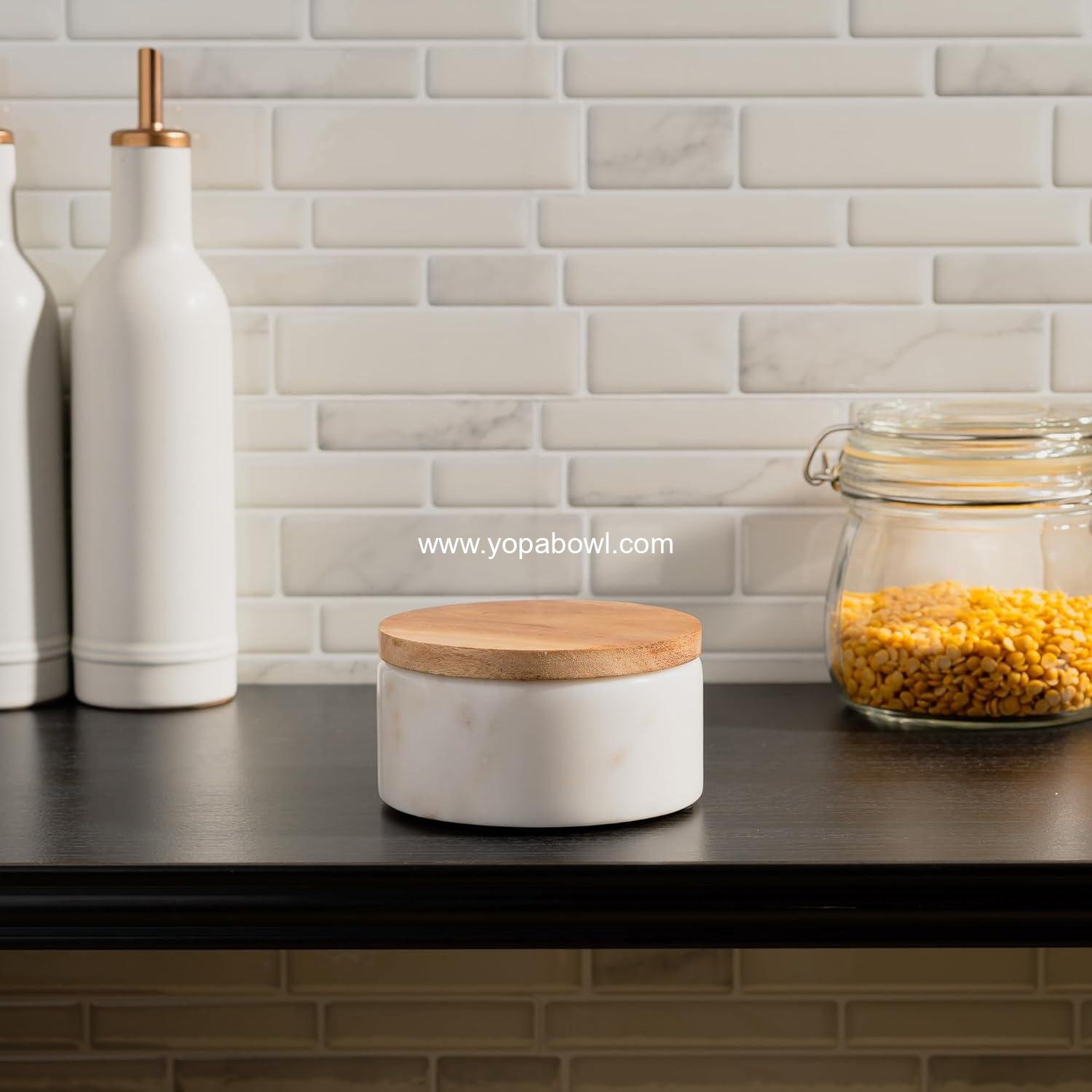 Wholesale White Marble Salt Cellar with Acacia Wood Lid and Spoon - Elegant 4” Modern Handcrafted Container for Countertop - Keeps Spices Dry - Wide Salt Pig with Non-Skid Feet Factory