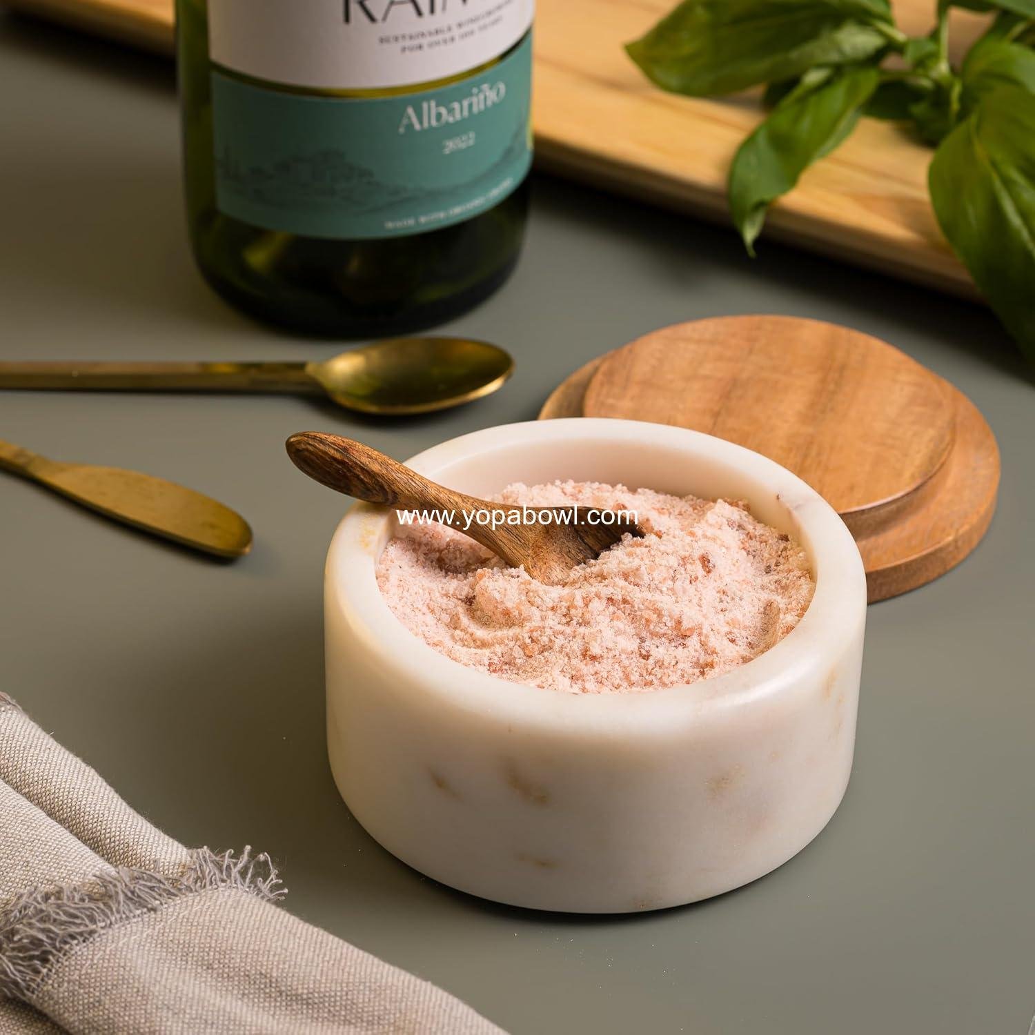 Wholesale White Marble Salt Cellar with Acacia Wood Lid and Spoon - Elegant 4” Modern Handcrafted Container for Countertop - Keeps Spices Dry - Wide Salt Pig with Non-Skid Feet Factory