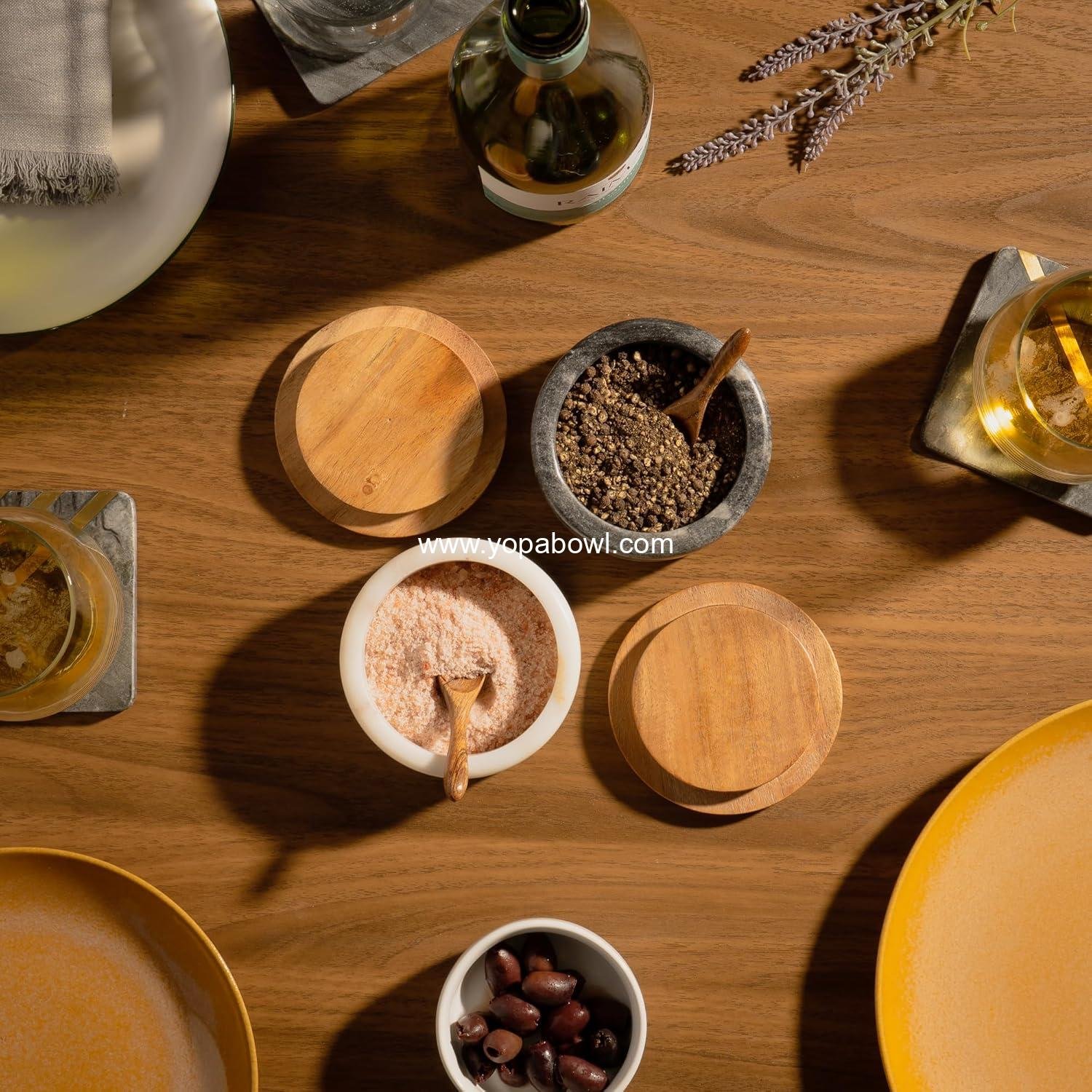 Wholesale White Marble Salt Cellar with Acacia Wood Lid and Spoon - Elegant 4” Modern Handcrafted Container for Countertop - Keeps Spices Dry - Wide Salt Pig with Non-Skid Feet Factory