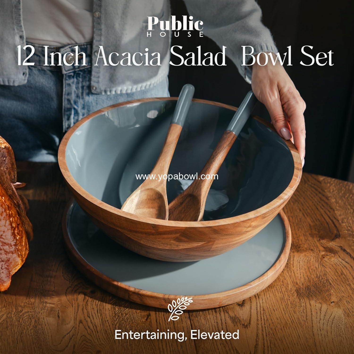 Wholesale Large 12.5 Inch Wooden Salad Bowl Set with Serving Utensils, Tray Lid, and Carry Strap - Acacia Wood Ideal for Fruits and Dishes, Food Serving - Bowl Factory