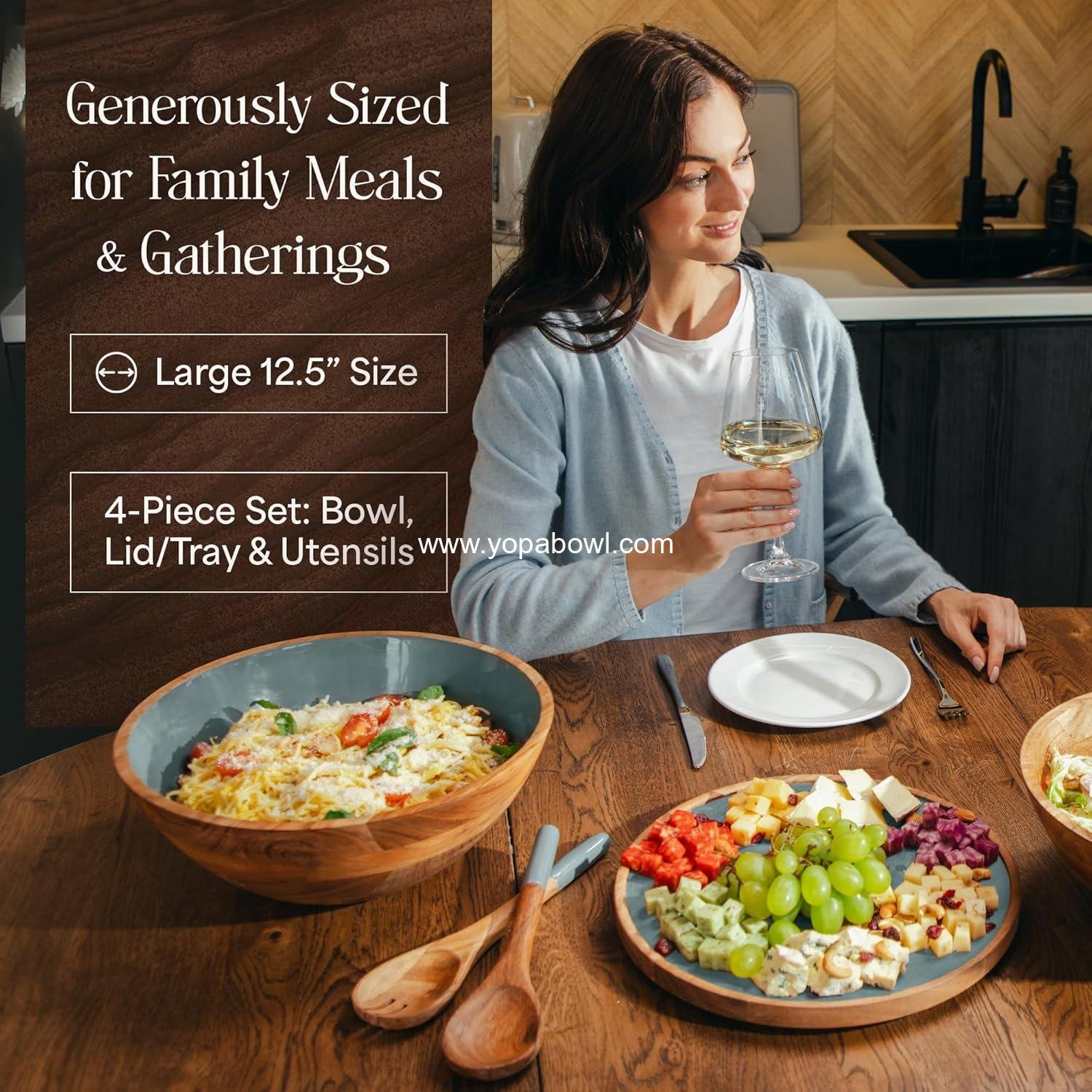 Wholesale Large 12.5 Inch Wooden Salad Bowl Set with Serving Utensils, Tray Lid, and Carry Strap - Acacia Wood Ideal for Fruits and Dishes, Food Serving - Bowl Factory