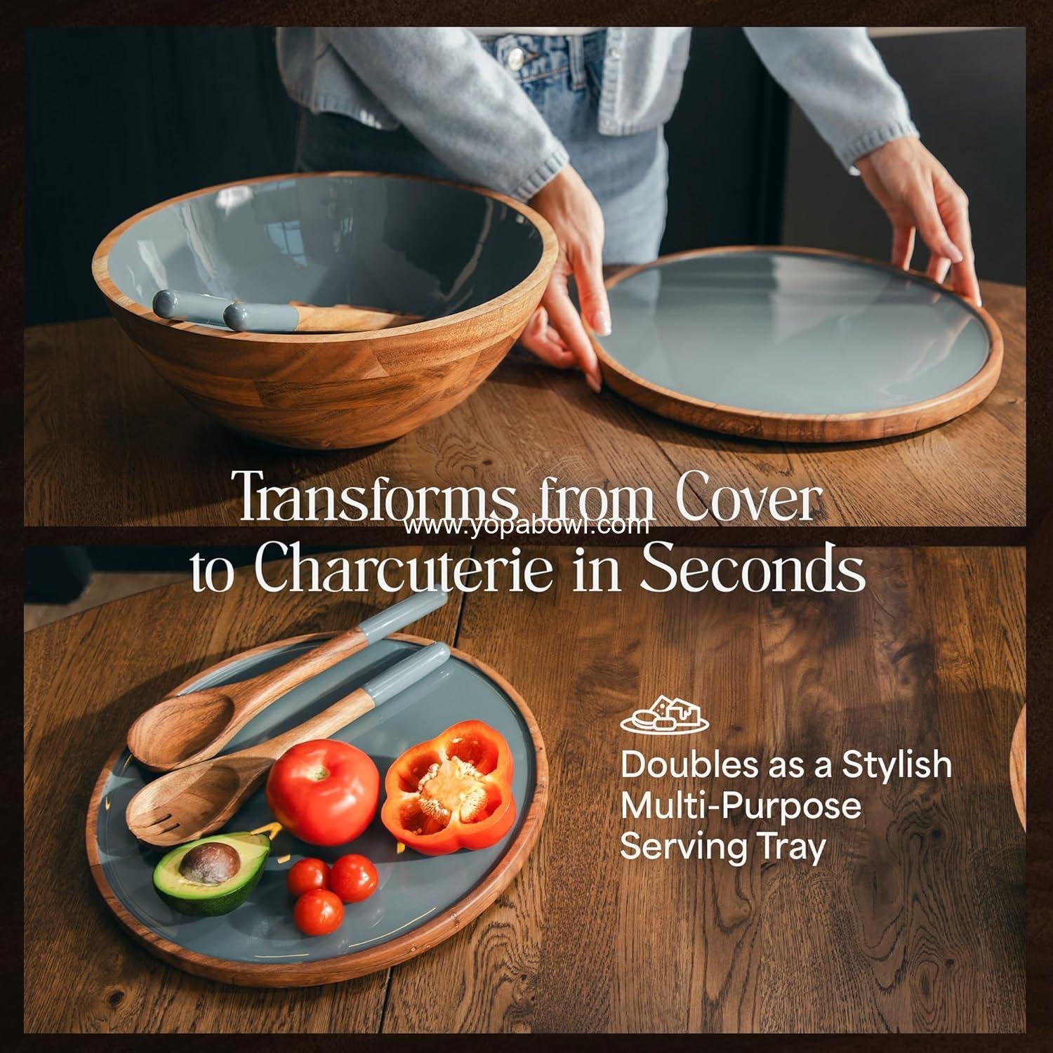 Wholesale Large 12.5 Inch Wooden Salad Bowl Set with Serving Utensils, Tray Lid, and Carry Strap - Acacia Wood Ideal for Fruits and Dishes, Food Serving - Bowl Factory