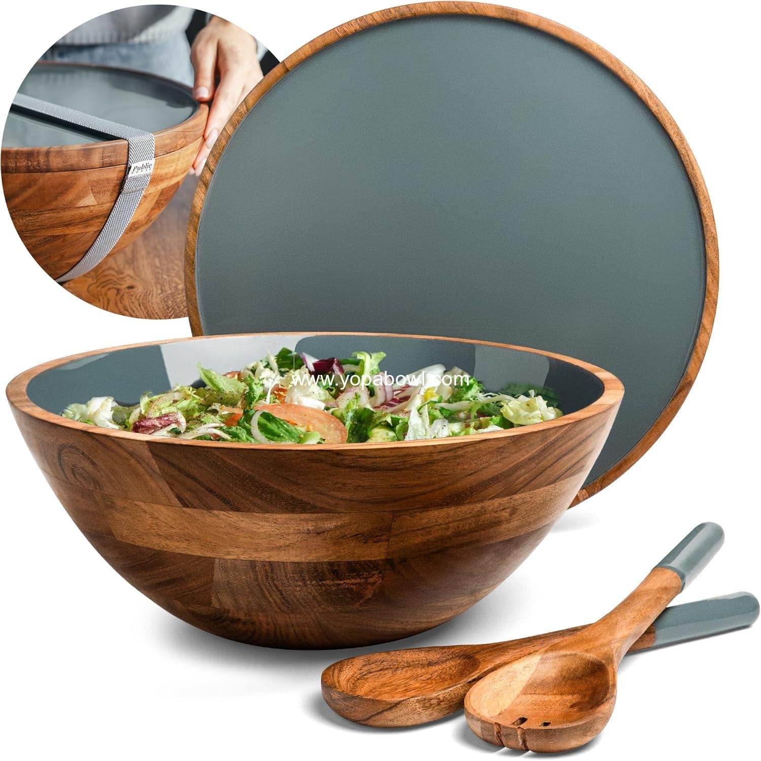 Wholesale Large 12.5 Inch Wooden Salad Bowl Set with Serving Utensils, Tray Lid, and Carry Strap - Acacia Wood Ideal for Fruits and Dishes, Food Serving - Bowl Factory