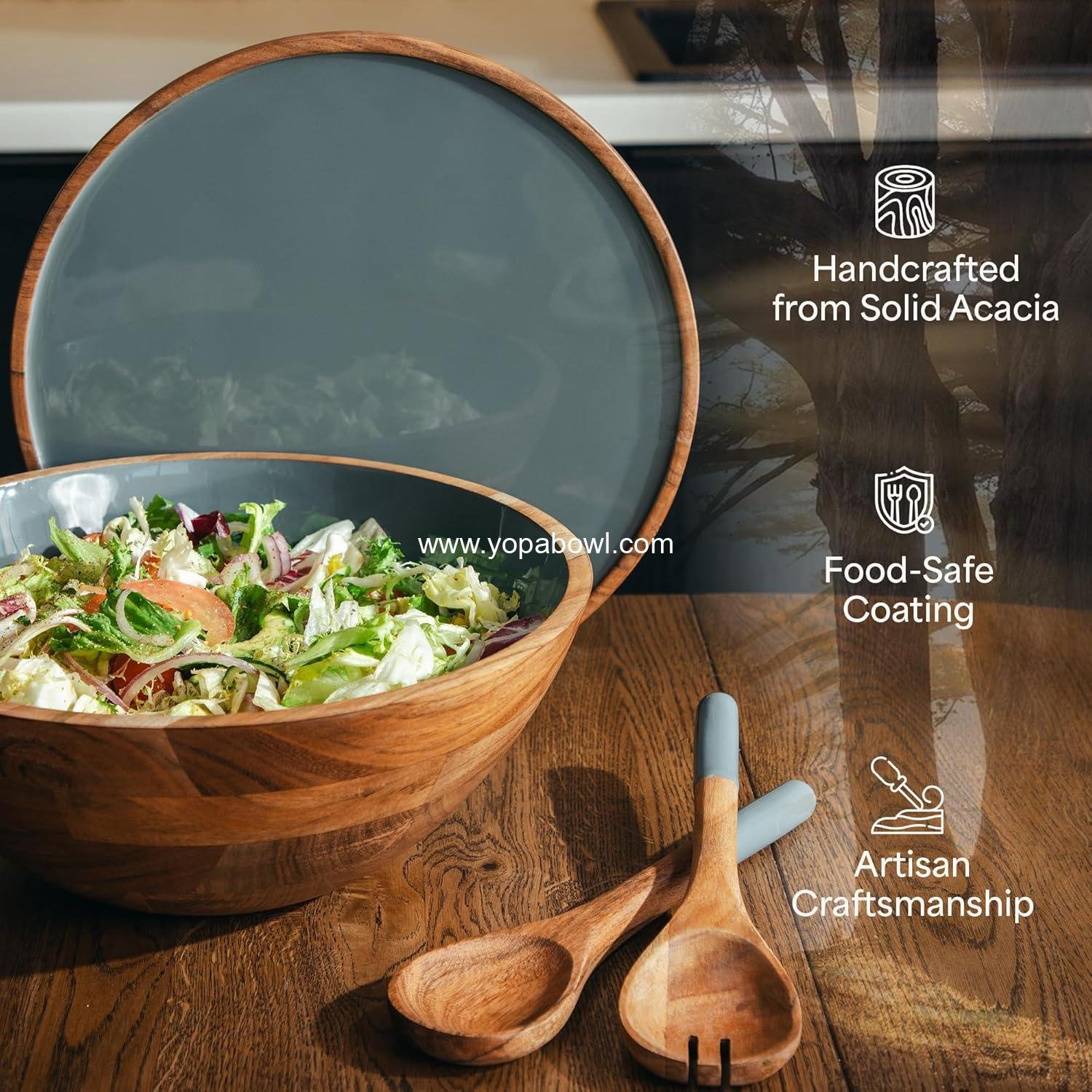 Wholesale Large 12.5 Inch Wooden Salad Bowl Set with Serving Utensils, Tray Lid, and Carry Strap - Acacia Wood Ideal for Fruits and Dishes, Food Serving - Bowl Factory