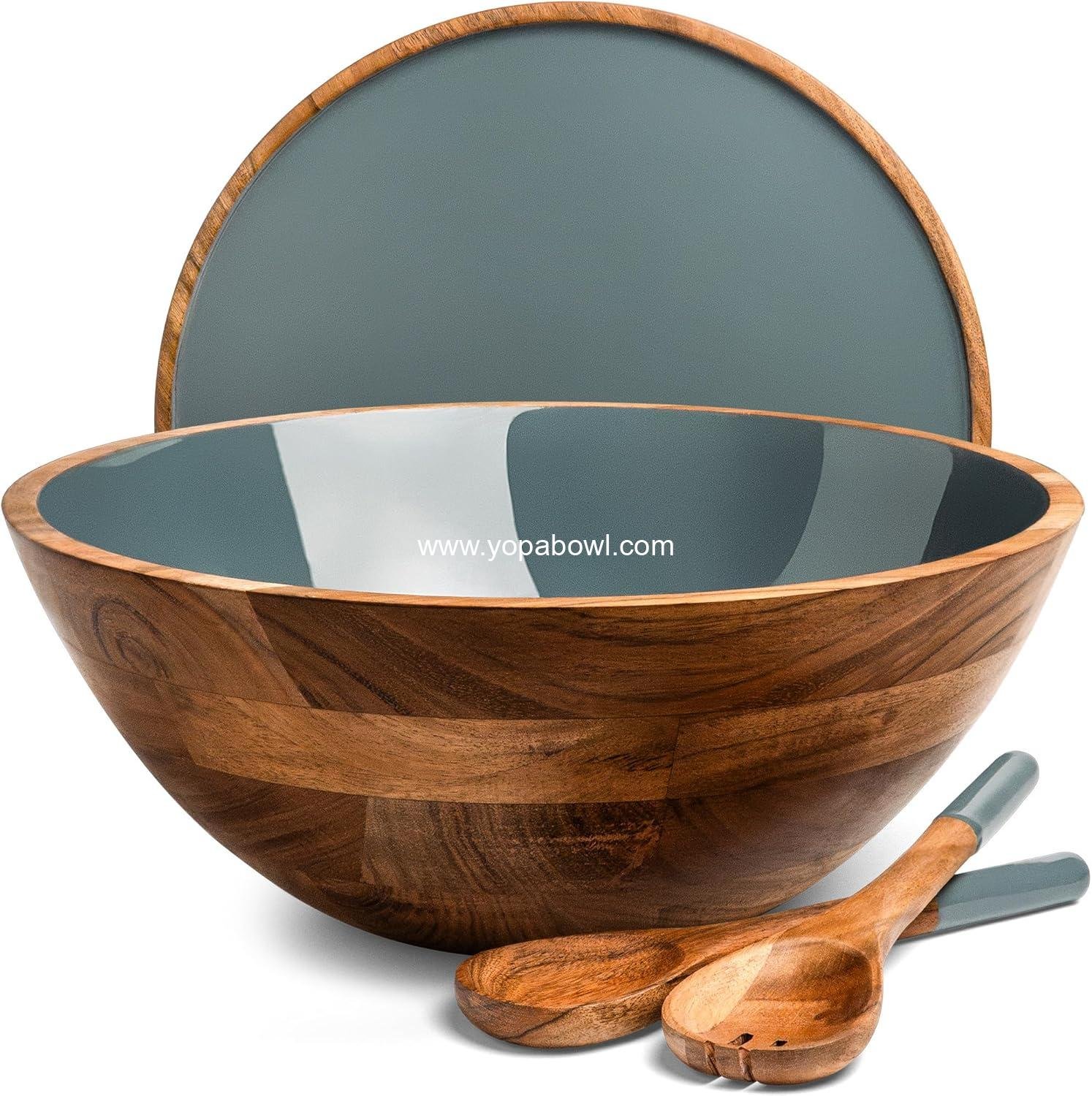 Wholesale Large 12.5 Inch Wooden Salad Bowl Set with Serving Utensils, Tray Lid, and Carry Strap - Acacia Wood Ideal for Fruits and Dishes, Food Serving - Bowl Factory
