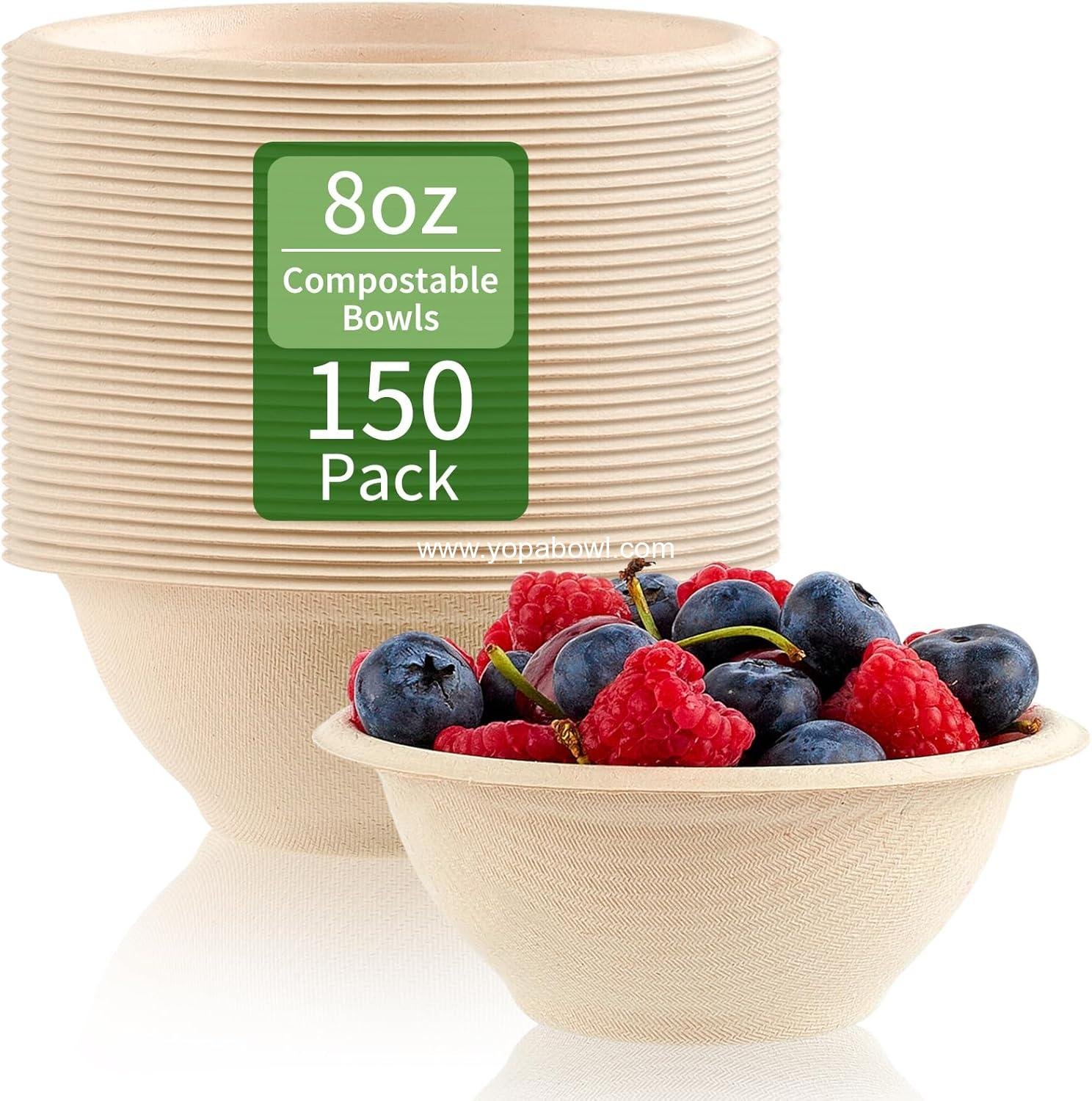 150 Pack 8 oz Compostable Paper Bowls Small Disposable Soup Bowls Natural Sugarcane Biodegradable Bowls for Ice Cream, Desserts, Salads, Pet Food