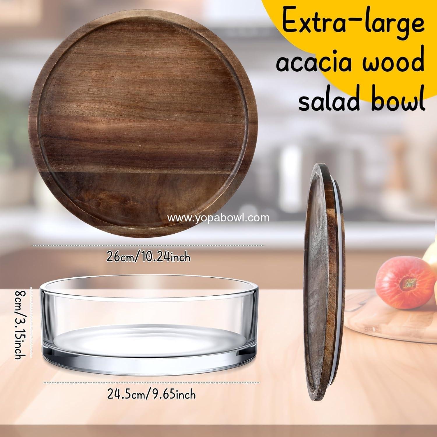 Wholesale 9.6 Inch Large Salad Bowl with Acacia Wood Lid, Thick Glass Mixing and Serving Dish for Dessert, Fruit, Pasta, Ice Cream, Cake, Baking, Dishwasher Safe, Manufacturer