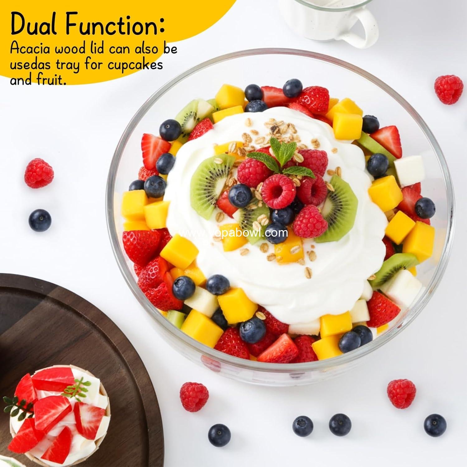 Wholesale 9.6 Inch Large Salad Bowl with Acacia Wood Lid, Thick Glass Mixing and Serving Dish for Dessert, Fruit, Pasta, Ice Cream, Cake, Baking, Dishwasher Safe, Manufacturer