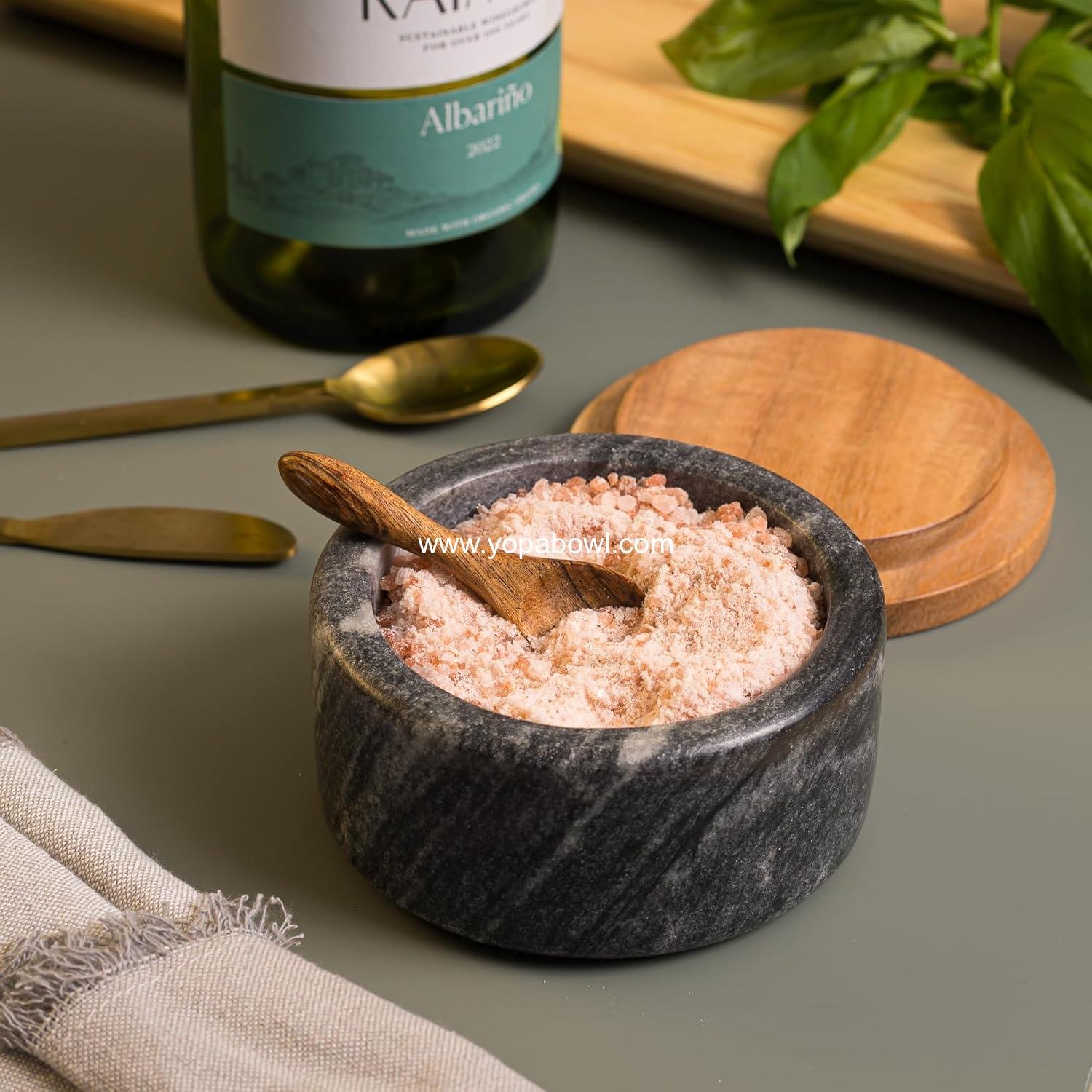 OEM Grey Marble Salt Cellar with Acacia Wood Lid and Spoon - Modern 4” Salt Container for Countertop - Handcrafted Pepper Pot - Wide Non-Skid Foot Factory OEM Grey Marble Salt Cellar with Acacia Wood Lid and Spoon - Modern 4” Salt Container for Countertop - Handcrafted Pepper Pot - Wide Non-Skid Foot Factory