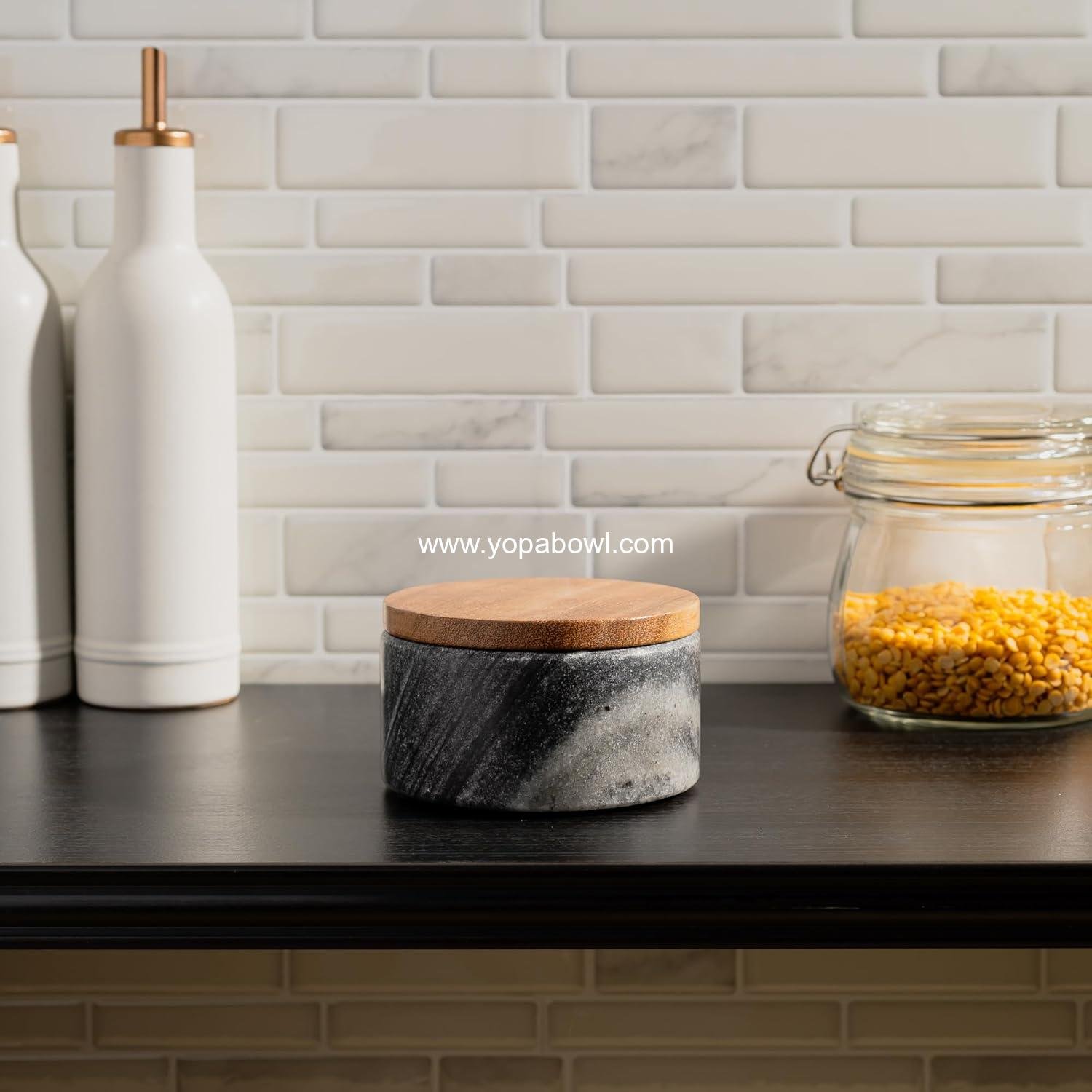 OEM Grey Marble Salt Cellar with Acacia Wood Lid and Spoon - Modern 4” Salt Container for Countertop - Handcrafted Pepper Pot - Wide Non-Skid Foot Factory OEM Grey Marble Salt Cellar with Acacia Wood Lid and Spoon - Modern 4” Salt Container for Countertop - Handcrafted Pepper Pot - Wide Non-Skid Foot Factory