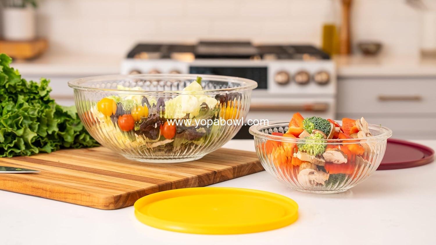 Wholesale Sculpted 3 Pack Glass Mixing Bowls (1.1 QT, 2.1 QT, 3.7 QT) – Borosilicate Glass with Airtight BPA-Free Lids, Nesting Design for Baking & Food Prep, Oven, Freezer & Microwave Safe, Factory