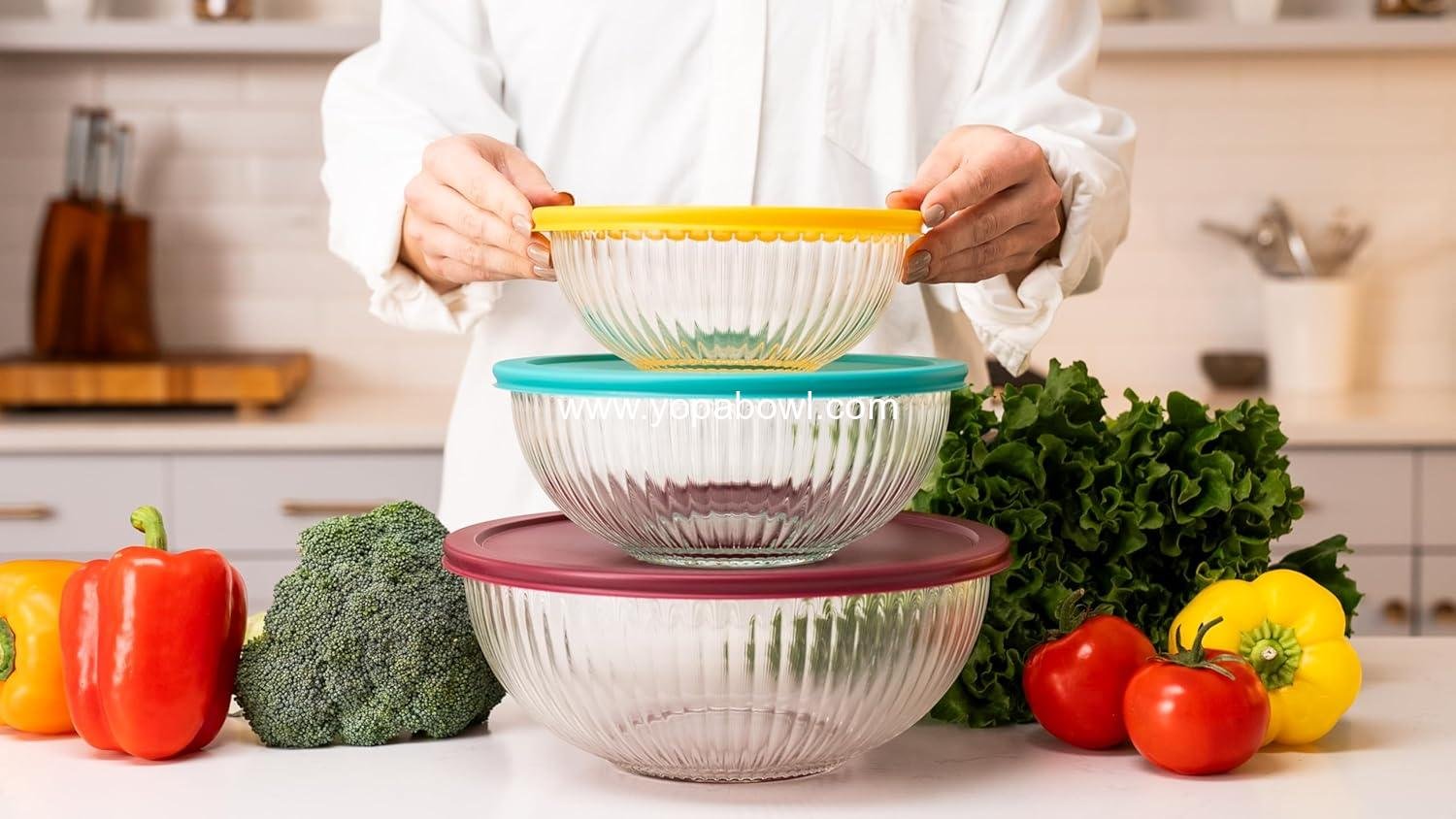 Wholesale Sculpted 3 Pack Glass Mixing Bowls (1.1 QT, 2.1 QT, 3.7 QT) – Borosilicate Glass with Airtight BPA-Free Lids, Nesting Design for Baking & Food Prep, Oven, Freezer & Microwave Safe, Factory