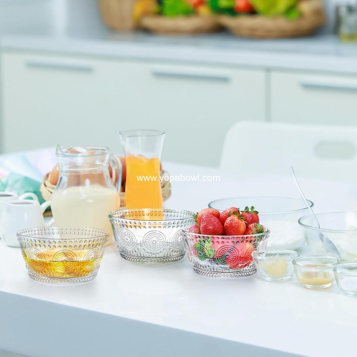 Wholesale 6 Pack Small Glass Bowls Set, 12 Oz Embossed Dessert Bowls for Ice Cream, Stackable Snack Serving Bowls for Dipping, Yogurt, Cereal, Candy Factory