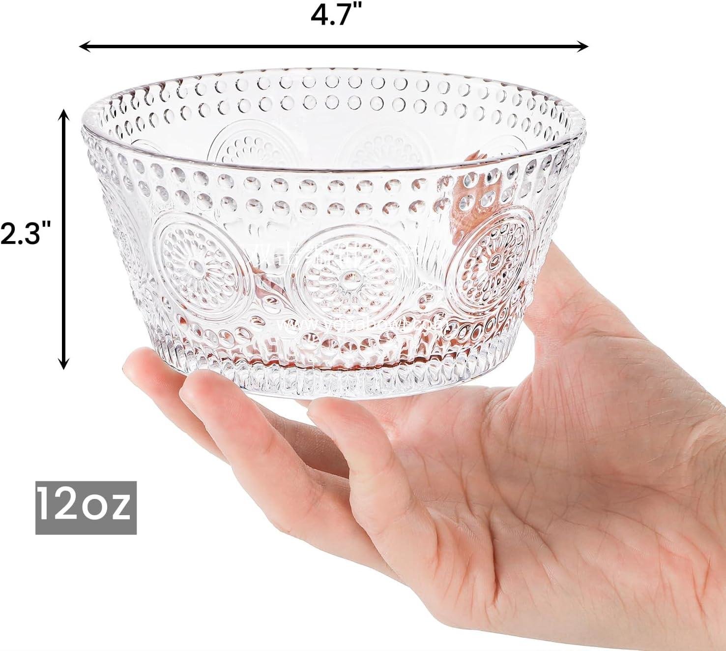 Wholesale 6 Pack Small Glass Bowls Set, 12 Oz Embossed Dessert Bowls for Ice Cream, Stackable Snack Serving Bowls for Dipping, Yogurt, Cereal, Candy Factory