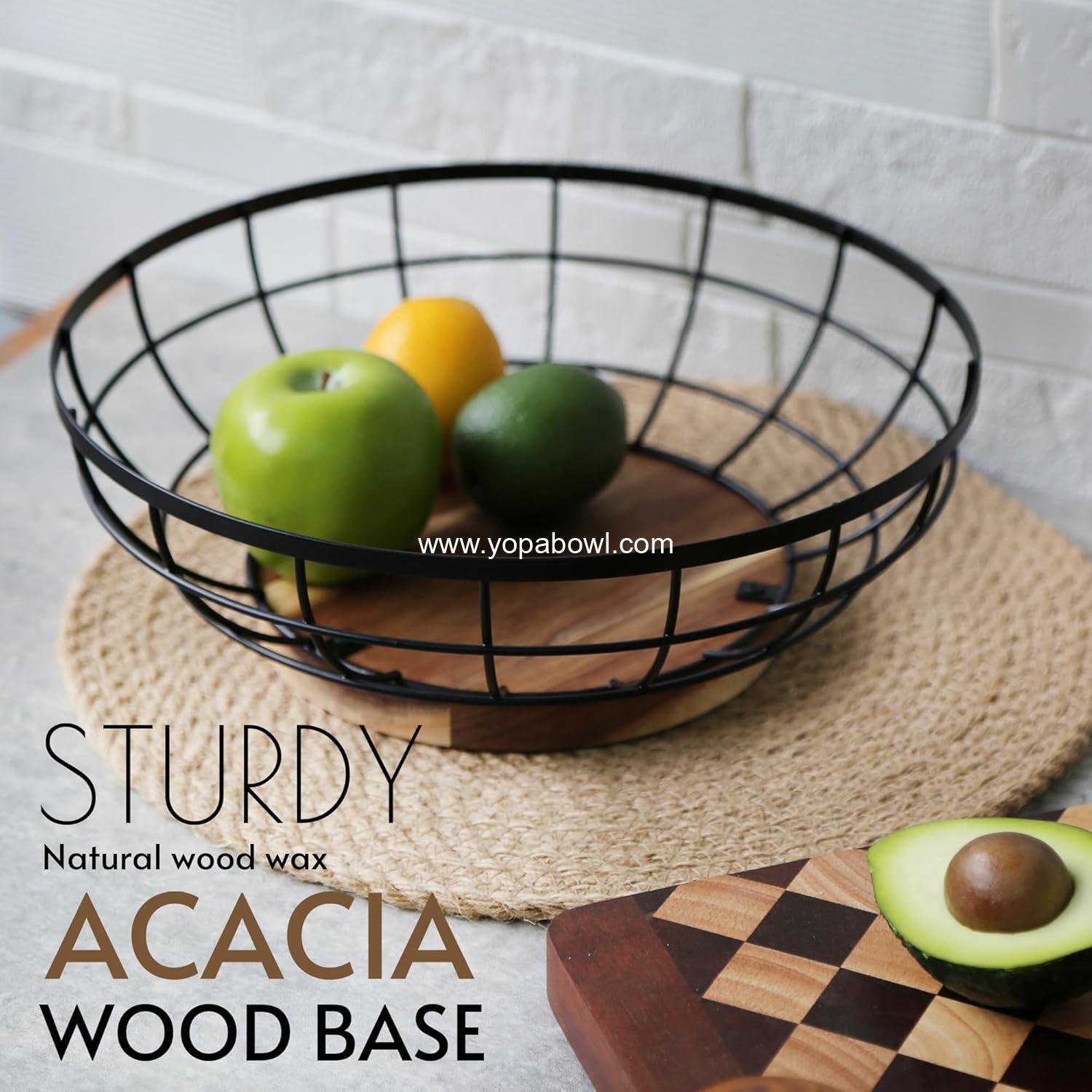 Wholesale Large 12-Inch Black Wire Fruit Basket with Acacia Wood Base - Versatile Bowl for Storing Fruits, Breads, and Vegetables - Factory Wholesale Large 12-Inch Black Wire Fruit Basket with Acacia Wood Base - Versatile Bowl for Storing Fruits, Breads, and Vegetables - Factory