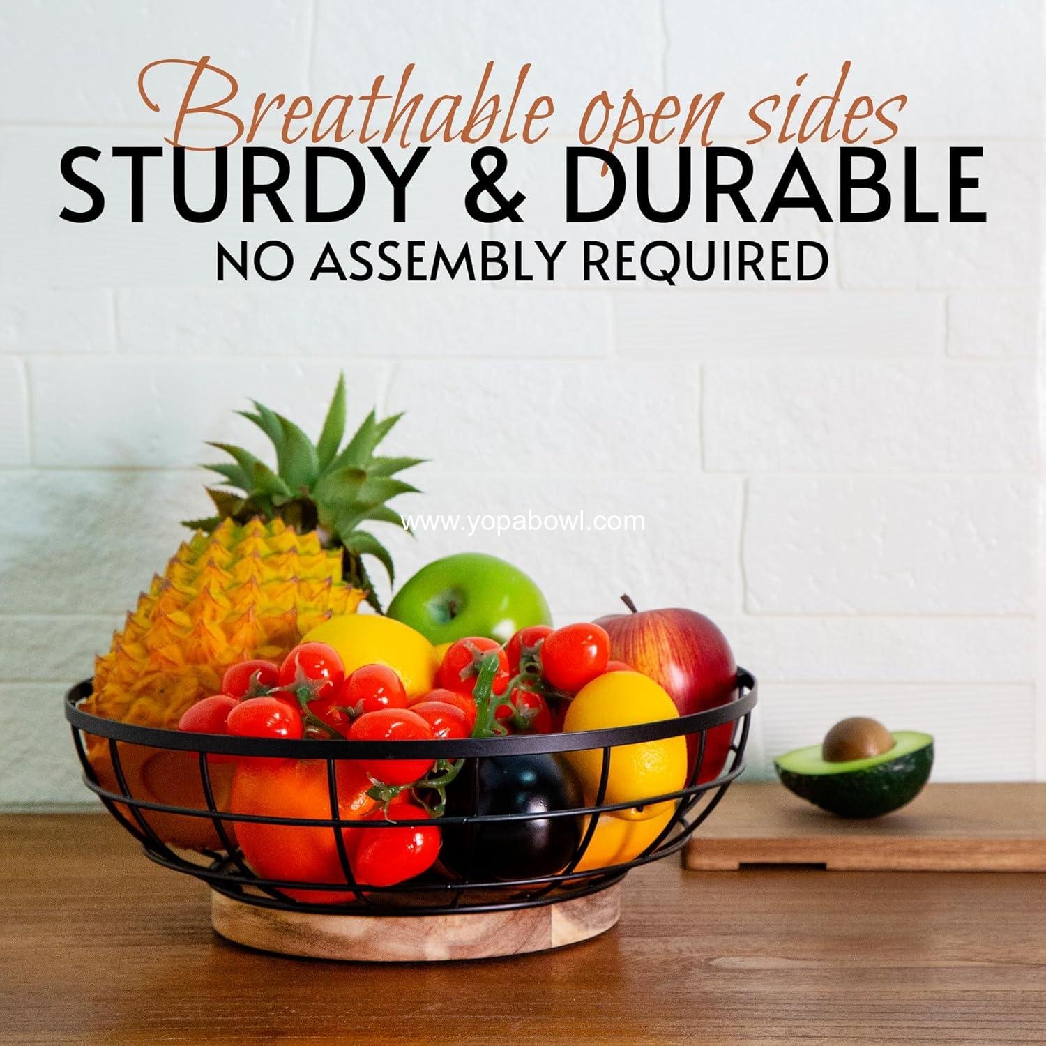 Wholesale Large 12-Inch Black Wire Fruit Basket with Acacia Wood Base - Versatile Bowl for Storing Fruits, Breads, and Vegetables - Factory Wholesale Large 12-Inch Black Wire Fruit Basket with Acacia Wood Base - Versatile Bowl for Storing Fruits, Breads, and Vegetables - Factory