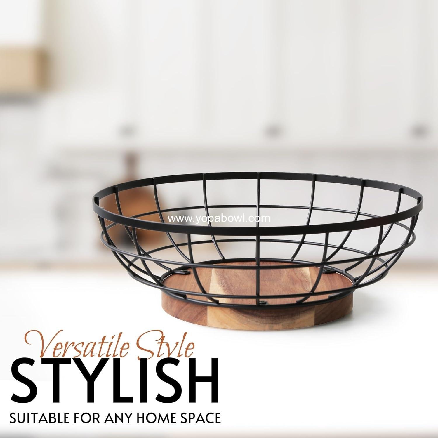 Wholesale Large 12-Inch Black Wire Fruit Basket with Acacia Wood Base - Versatile Bowl for Storing Fruits, Breads, and Vegetables - Factory Wholesale Large 12-Inch Black Wire Fruit Basket with Acacia Wood Base - Versatile Bowl for Storing Fruits, Breads, and Vegetables - Factory