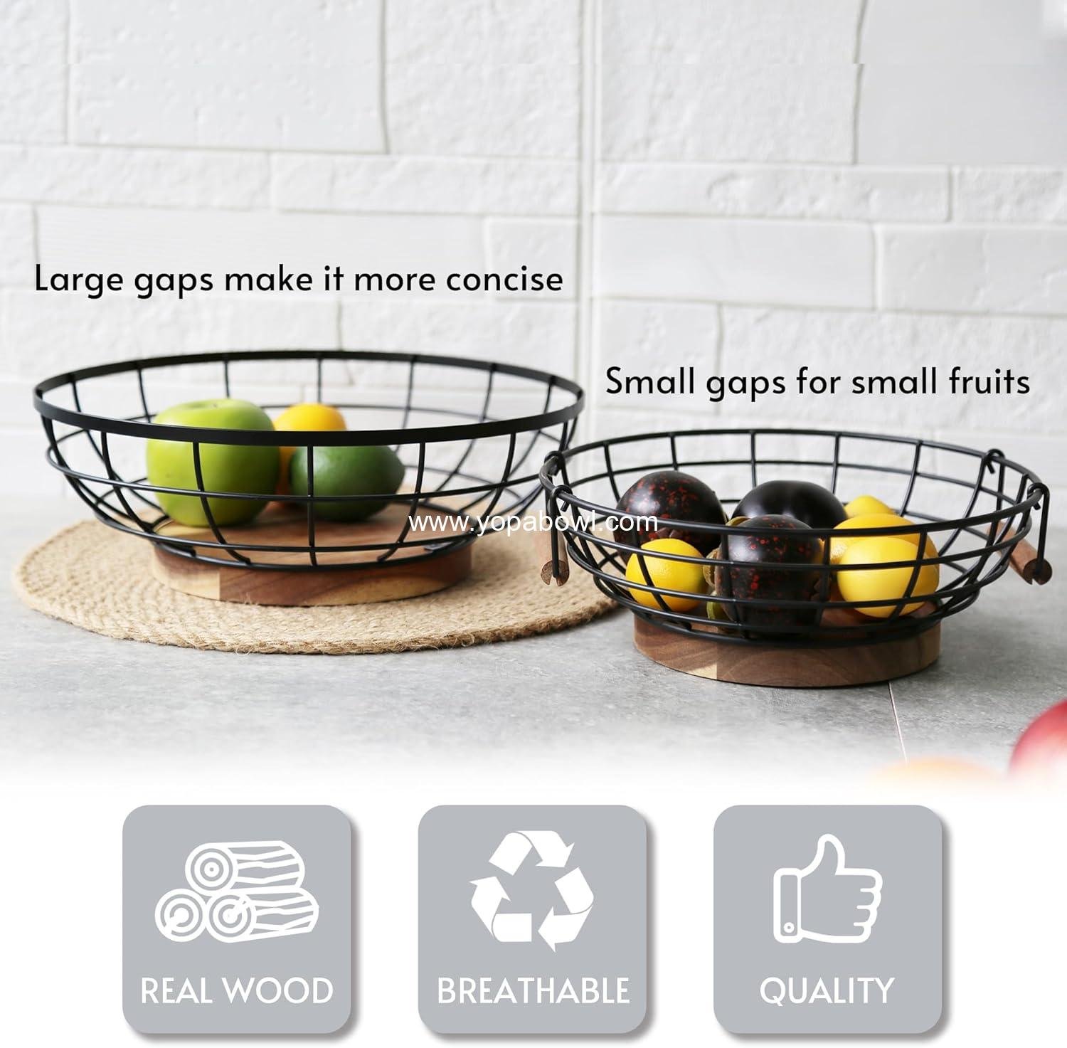 Wholesale Large 12-Inch Black Wire Fruit Basket with Acacia Wood Base - Versatile Bowl for Storing Fruits, Breads, and Vegetables - Factory Wholesale Large 12-Inch Black Wire Fruit Basket with Acacia Wood Base - Versatile Bowl for Storing Fruits, Breads, and Vegetables - Factory