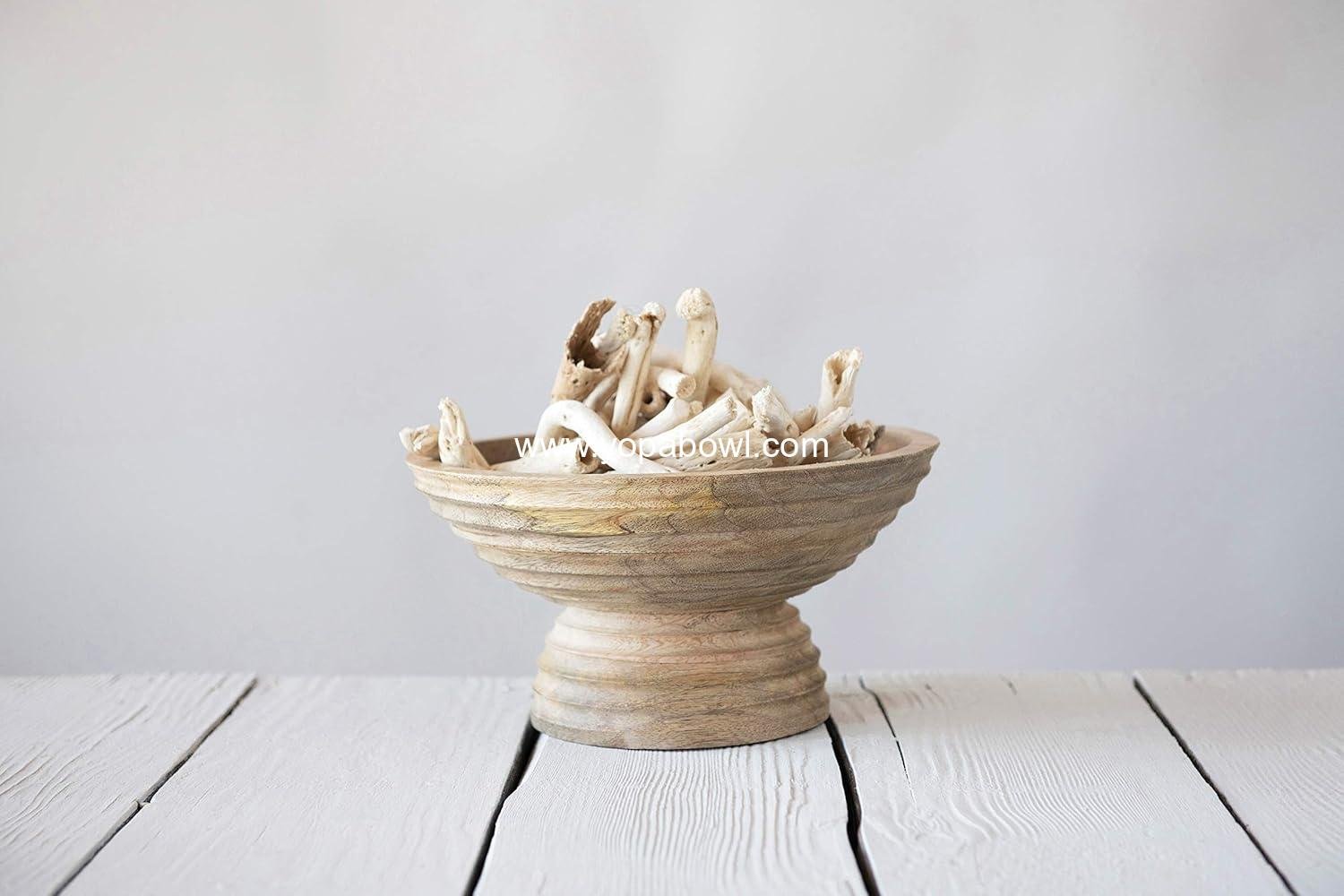 Wholesale Ridged Mango Wood Footed Bowl - Brown, 12 inches - Factory Wholesale Ridged Mango Wood Footed Bowl - Brown, 12 inches - Factory