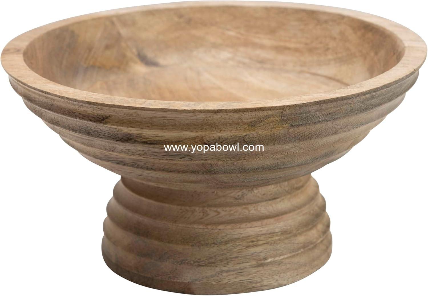 Wholesale Ridged Mango Wood Footed Bowl - Brown, 12 inches - Factory Wholesale Ridged Mango Wood Footed Bowl - Brown, 12 inches - Factory