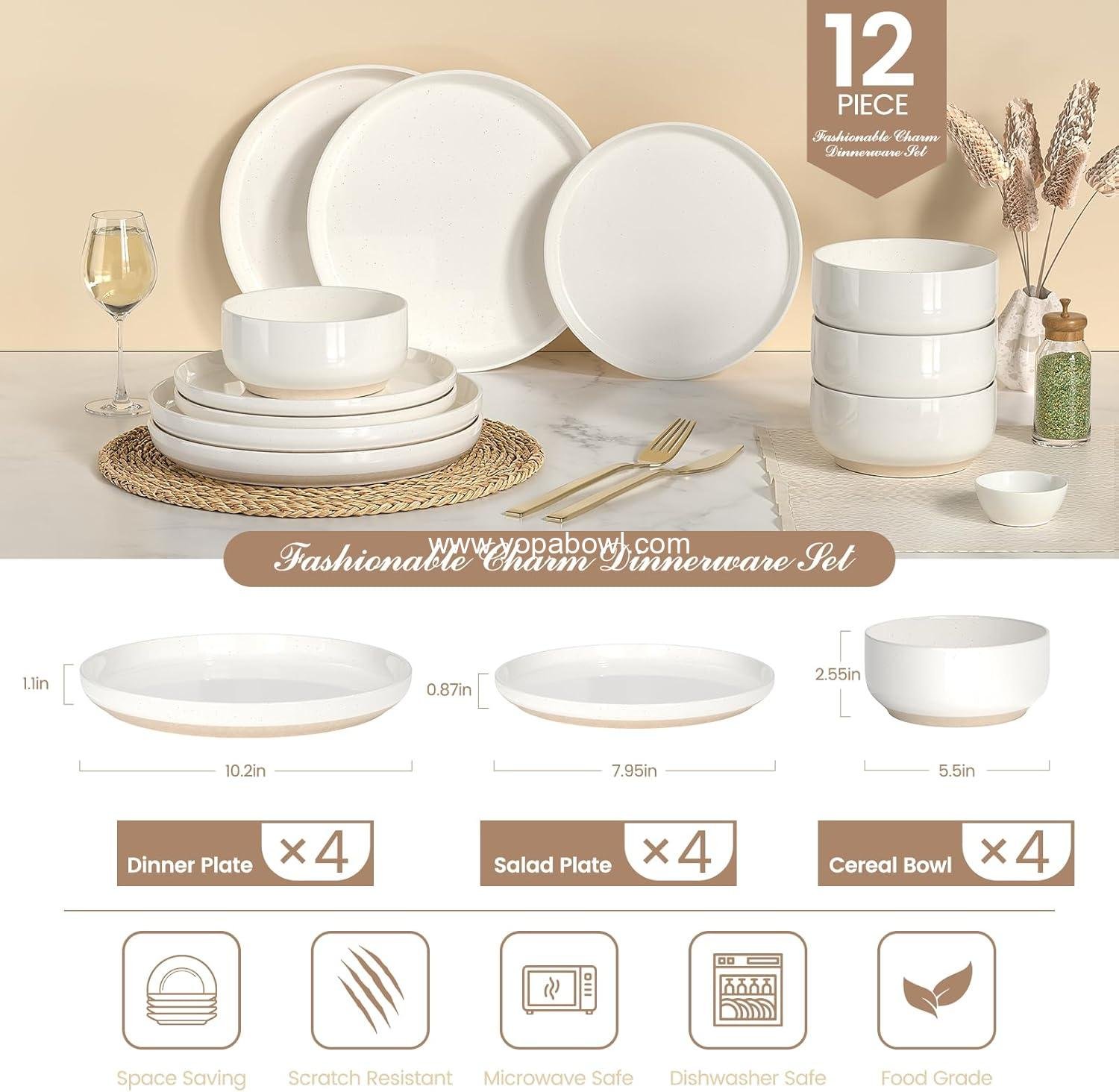 OEM Plates and Bowls Set, 12-Piece Dinnerware for 4, Scratch-Resistant Ceramic Dishware, Microwave and Dishwasher Safe, Cream White Factory