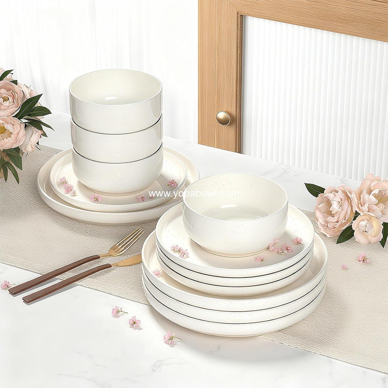 OEM Plates and Bowls Set, 12-Piece Dinnerware for 4, Scratch-Resistant Ceramic Dishware, Microwave and Dishwasher Safe, Cream White Factory