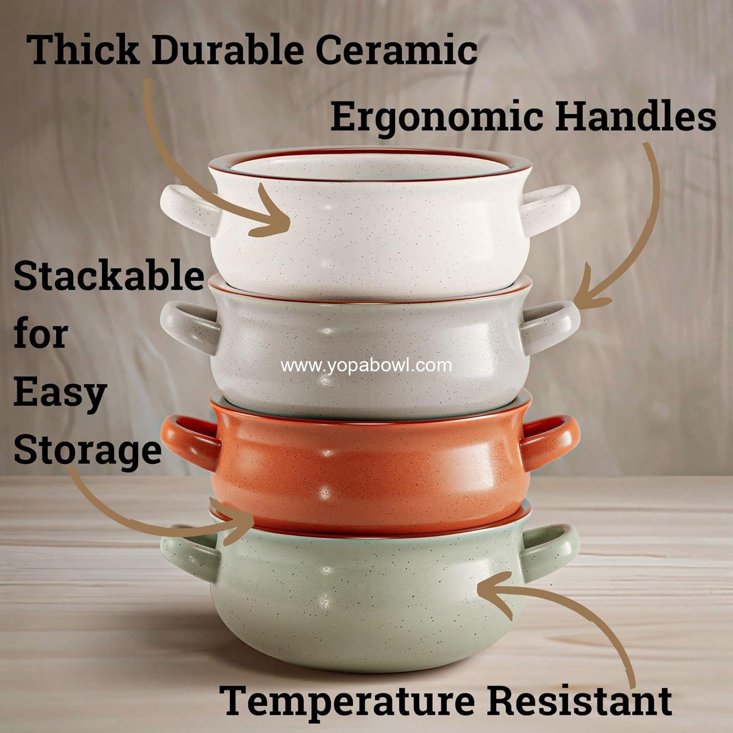 OEM Ceramic Soup Bowls With Handles Set of 4 - 20 oz French Onion Soup Bowls - Oven, Dishwasher & Microwave Safe - Ideal for Chili, Gumbo, Chowder - Soup Bowls With Handle - French Onion Crock Factory