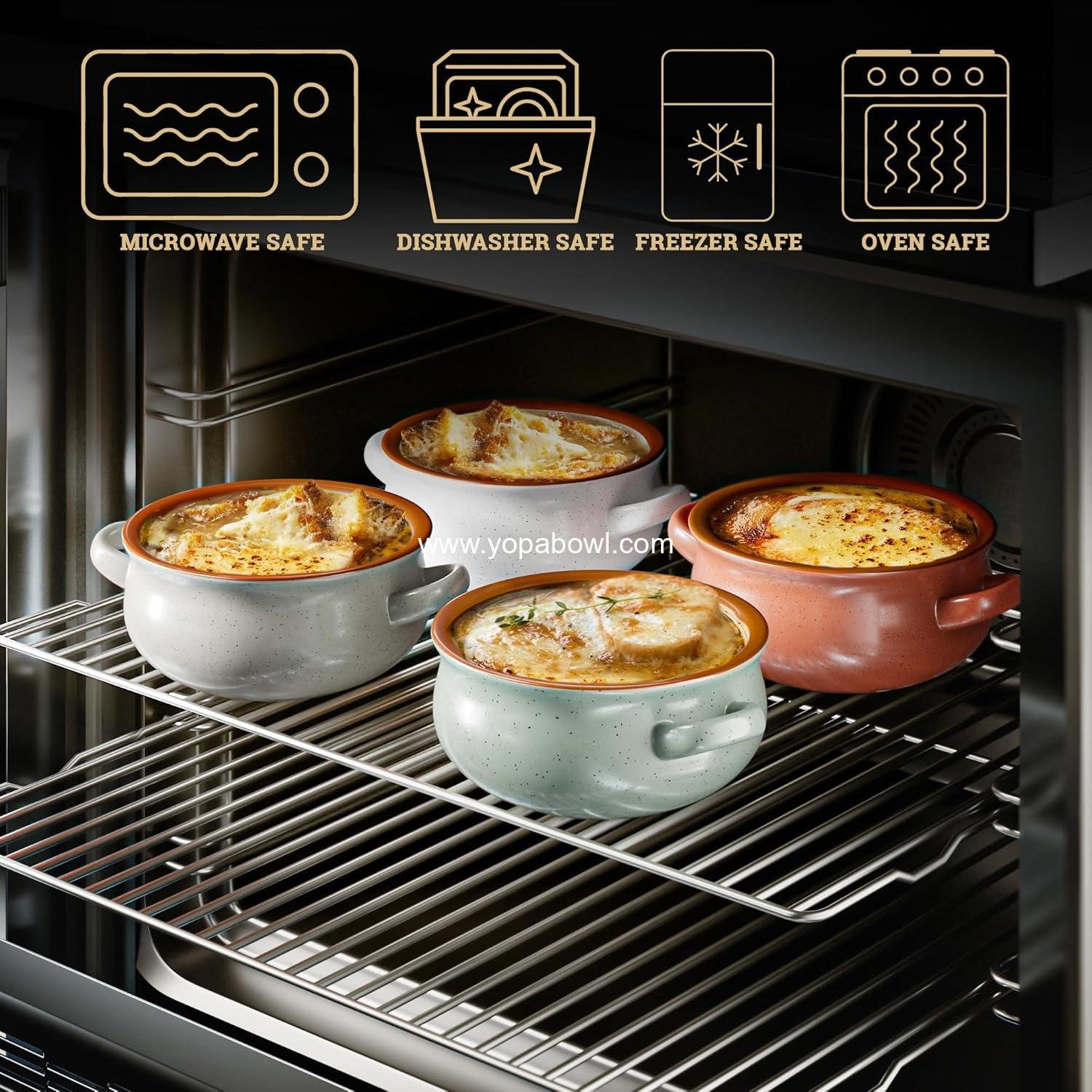 OEM Ceramic Soup Bowls With Handles Set of 4 - 20 oz French Onion Soup Bowls - Oven, Dishwasher & Microwave Safe - Ideal for Chili, Gumbo, Chowder - Soup Bowls With Handle - French Onion Crock Factory