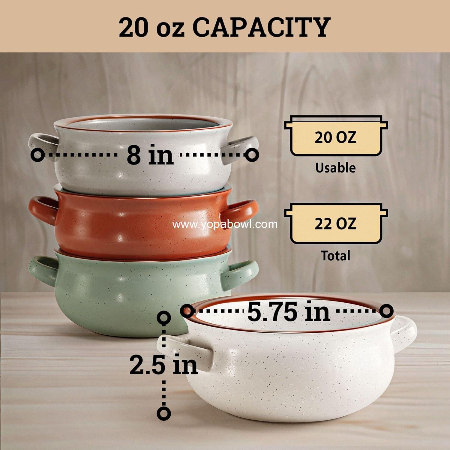 OEM Ceramic Soup Bowls With Handles Set of 4 - 20 oz French Onion Soup Bowls - Oven, Dishwasher & Microwave Safe - Ideal for Chili, Gumbo, Chowder - Soup Bowls With Handle - French Onion Crock Factory