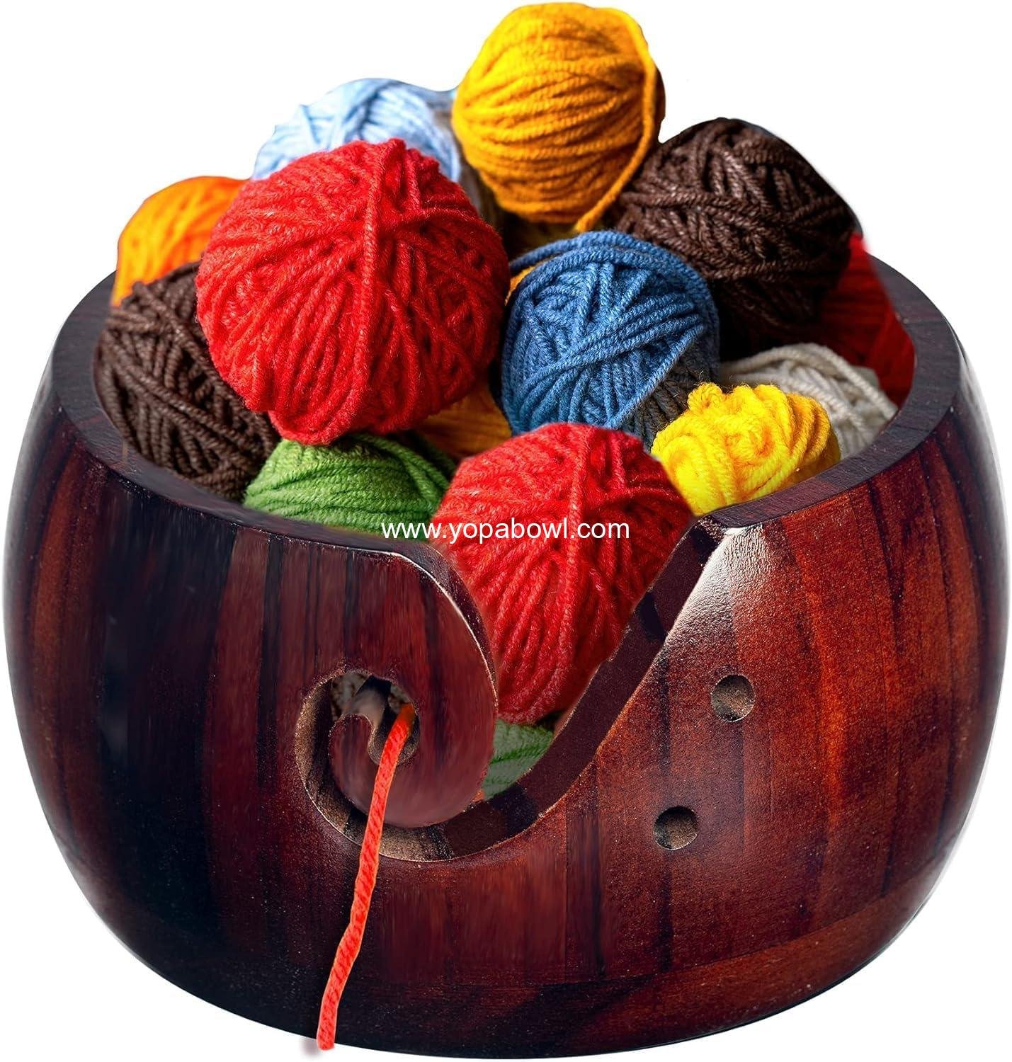 IUAQDP Wooden Yarn Bowl for Crocheting and Knitting, Crochet Wool Yarn Storage Basket Round with Holes Handmade Holder 6" x 3" for Christmas Mothers Day Birthday Hand Made Knitting String Lovers