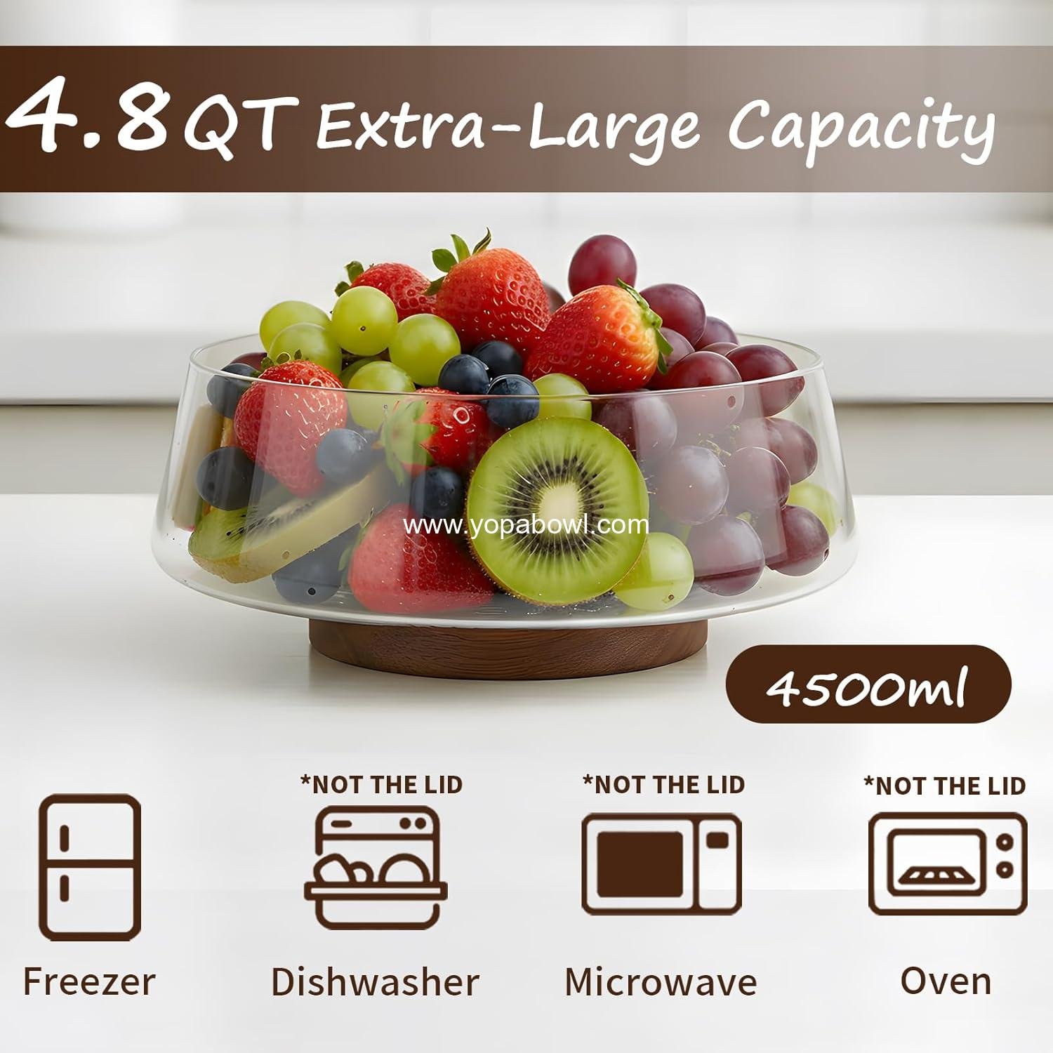 OEM Extra Large Glass Salad Bowl Set 4.8Qt with Acacia Wood Lid and Base, Includes Salad Serving Utensils, Elegant Trifle Bowl for Kitchen and Parties, Factory