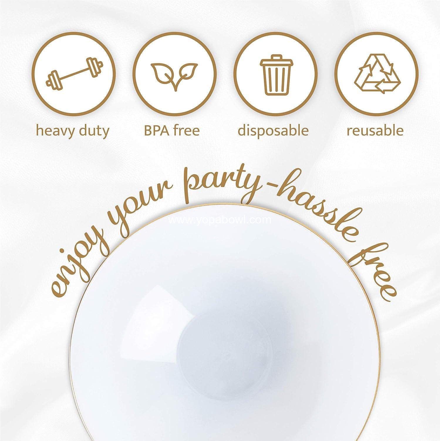 Wholesale 16 OZ 40 Count White Plastic Floral Design Soup Bowls with Gold Rim Premium Heavyweight Elegant Disposable Tableware Factory