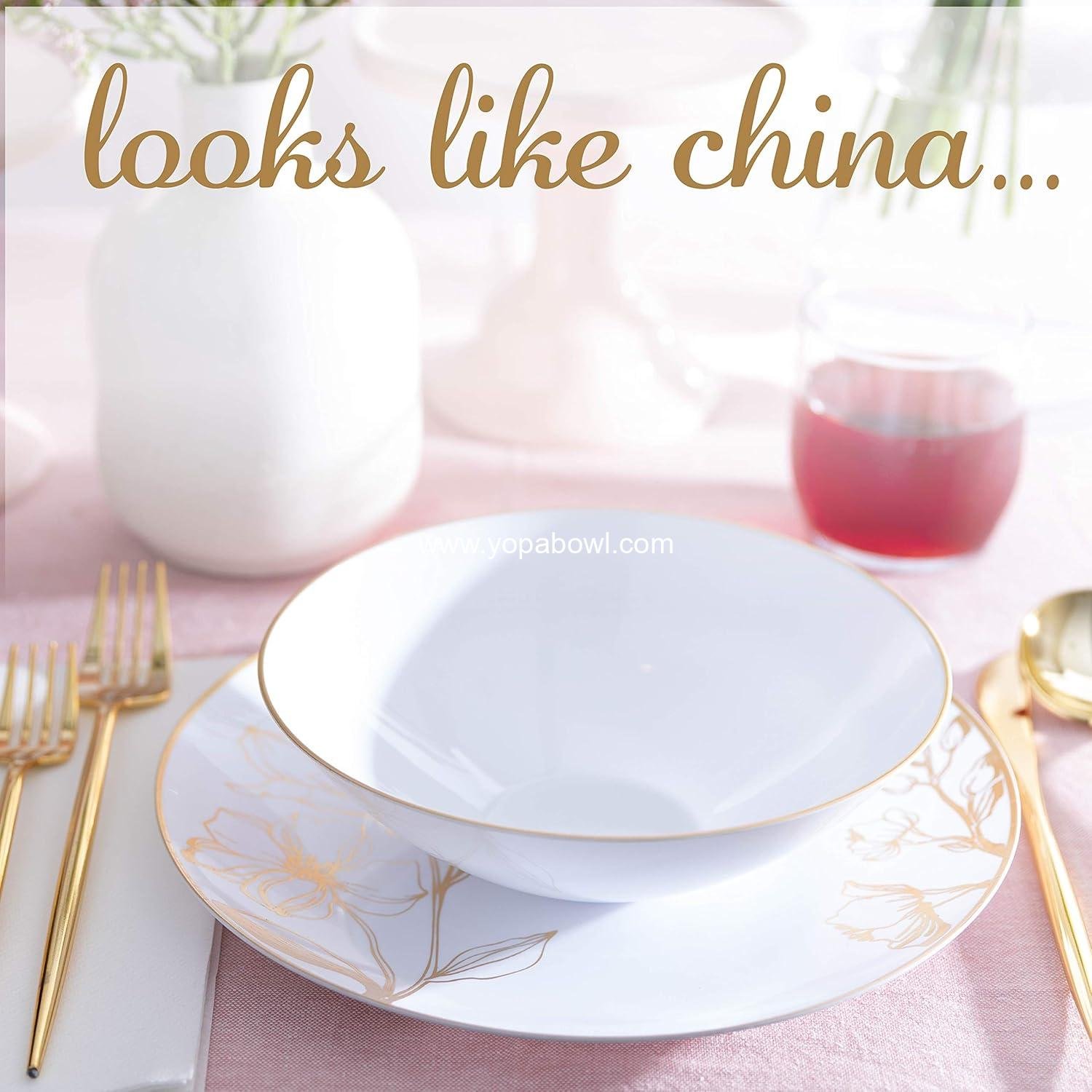 Wholesale 16 OZ 40 Count White Plastic Floral Design Soup Bowls with Gold Rim Premium Heavyweight Elegant Disposable Tableware Factory