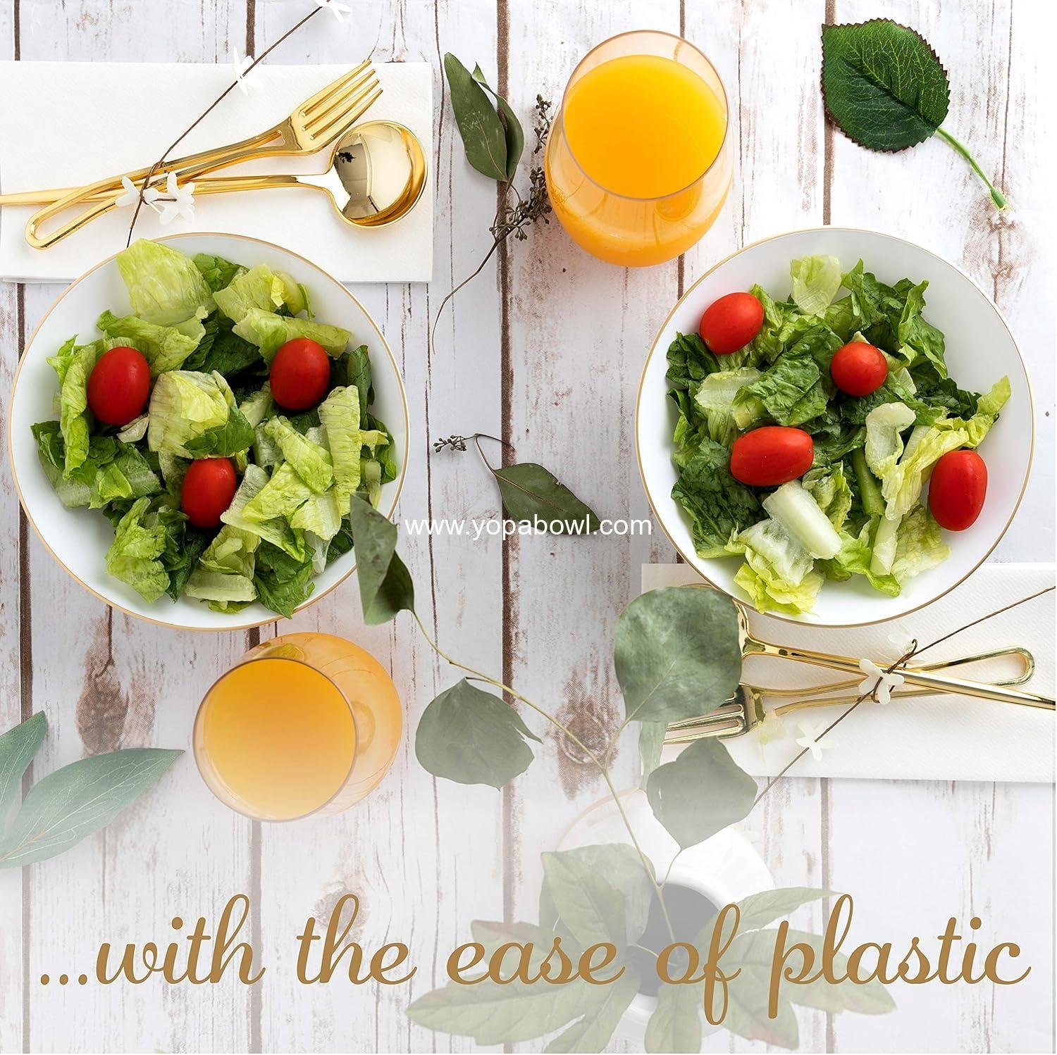 Wholesale 16 OZ 40 Count White Plastic Floral Design Soup Bowls with Gold Rim Premium Heavyweight Elegant Disposable Tableware Factory