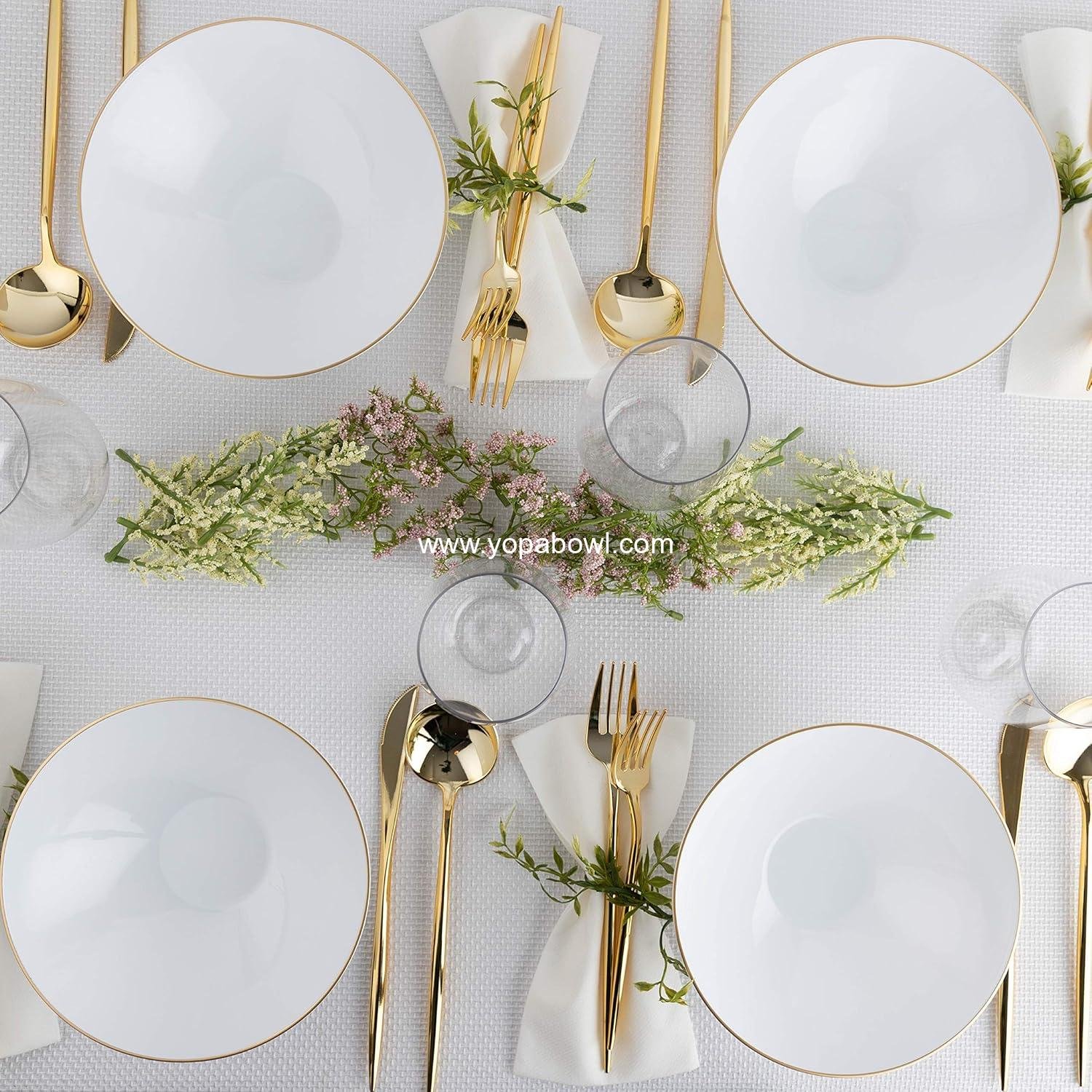 Wholesale 16 OZ 40 Count White Plastic Floral Design Soup Bowls with Gold Rim Premium Heavyweight Elegant Disposable Tableware Factory