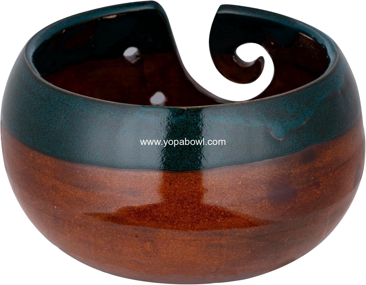 Wholesale Ceramic Yarn Bowl for Knitting and Crochet, Large Handmade Yarn Holder (Brown/Green) Factory