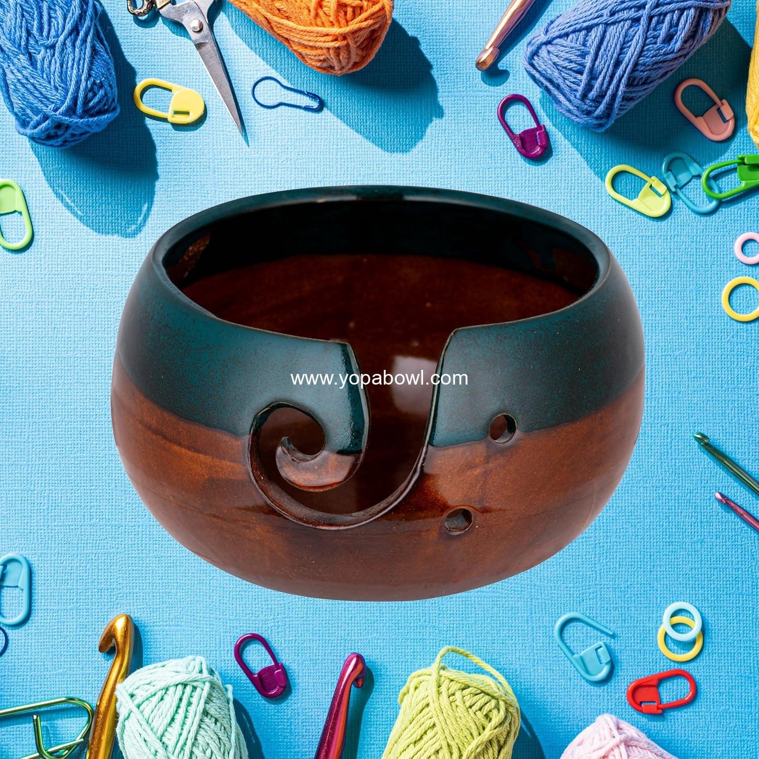 Wholesale Ceramic Yarn Bowl for Knitting and Crochet, Large Handmade Yarn Holder (Brown/Green) Factory