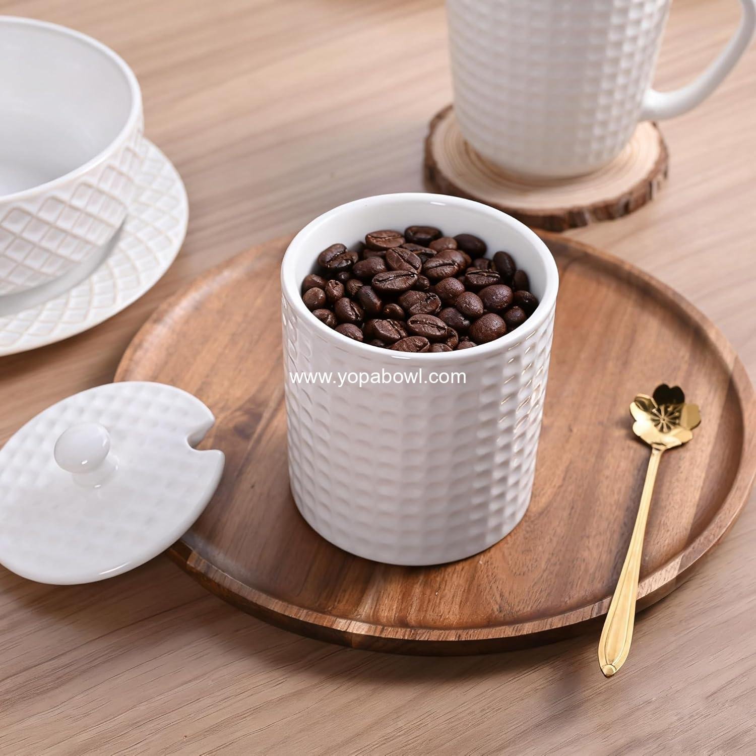 Wholesale Ceramic Sugar Bowl with Lid and Spoon, 16oz Textured Sugar Jar for Sugar Cubes and Salt, Sugar Container for Coffee Bar & Kitchen Counter, 1PC (White) Factory