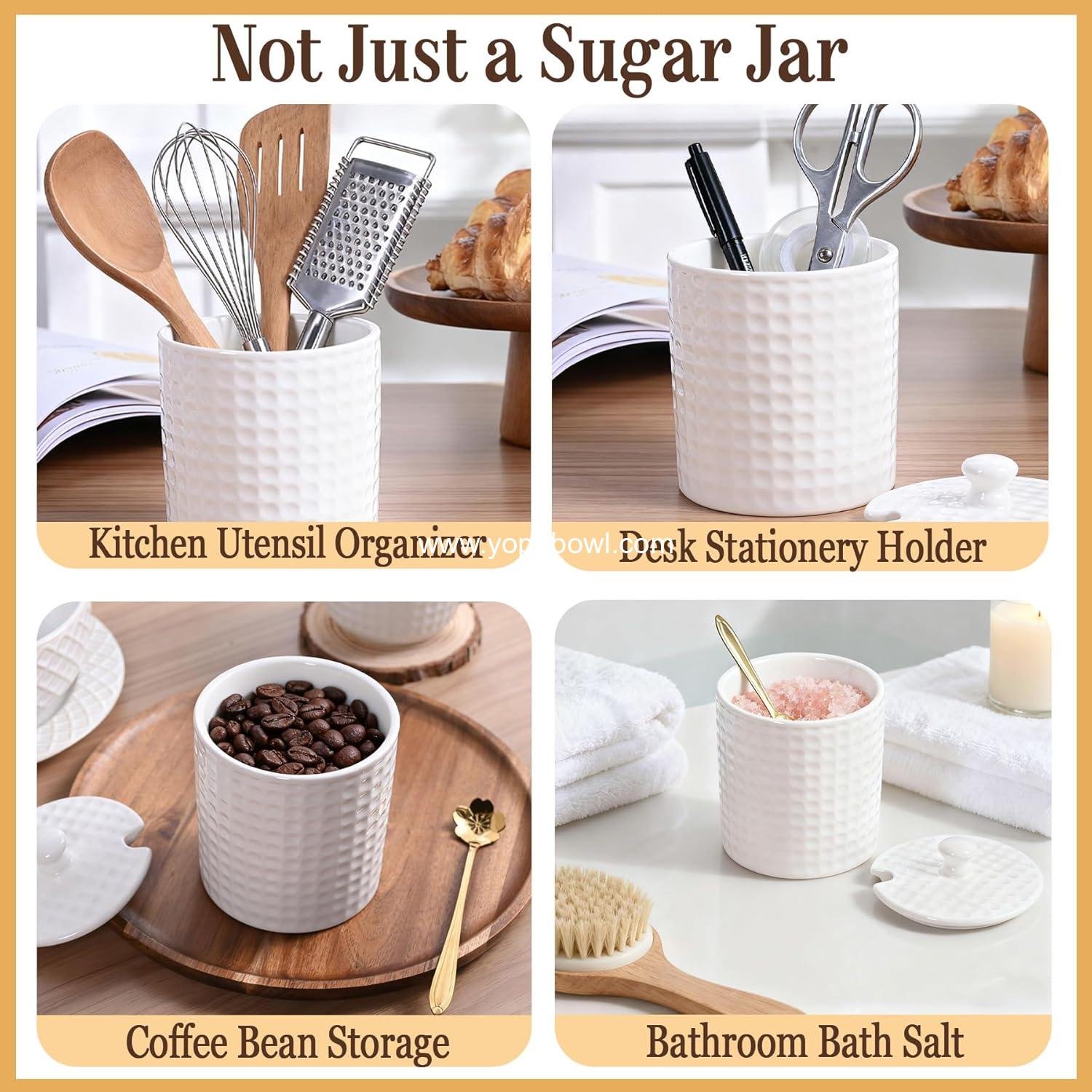 Wholesale Ceramic Sugar Bowl with Lid and Spoon, 16oz Textured Sugar Jar for Sugar Cubes and Salt, Sugar Container for Coffee Bar & Kitchen Counter, 1PC (White) Factory