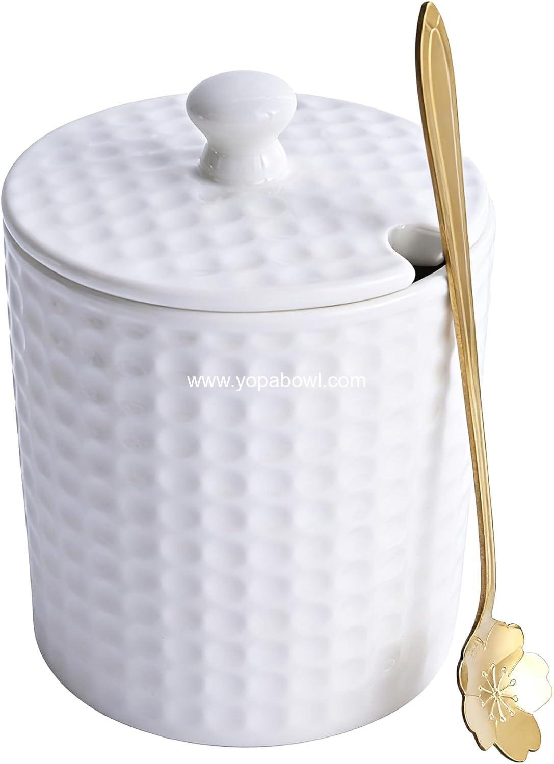 Ceramic Sugar Bowl with Lid and Spoon, 16oz Textured Sugar Jar for Sugar Cube Salt, Sugar Container for Coffee Bar & Kitchen Counter, Azucarera for Farmhouse Home, 1PC (White)