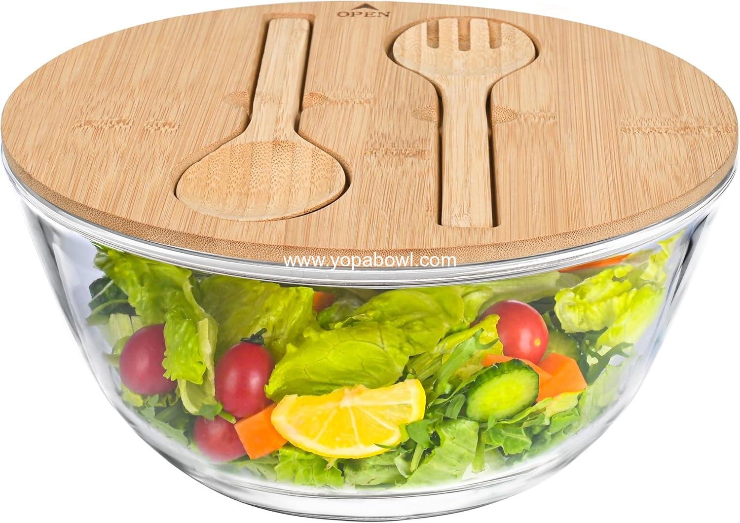 10.6" Glass Salad Bowl with Sealed Lid, 4.7 Quart Large Capacity Serving and Mixing Bowls with Utensils, Versatile Serving Dish for Salads, Trifle, Fruits, Pasta, Microwave Safe