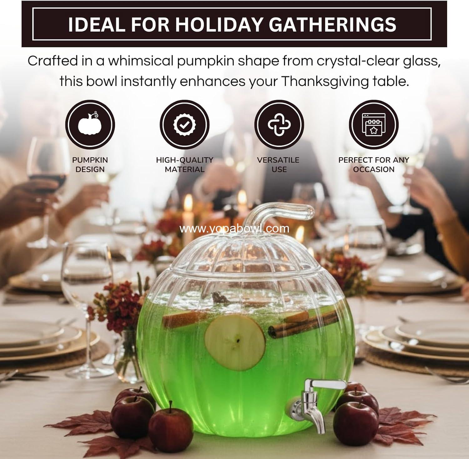 Wholesale Glass Pumpkin Drink Dispenser 2 Gallon | Thanksgiving & Winter Beverage Server with Spigot | Clear Pumpkin Punch Bowl for Parties, Harvest Gatherings, Kitchen Bar & Holiday Drink Station Factory