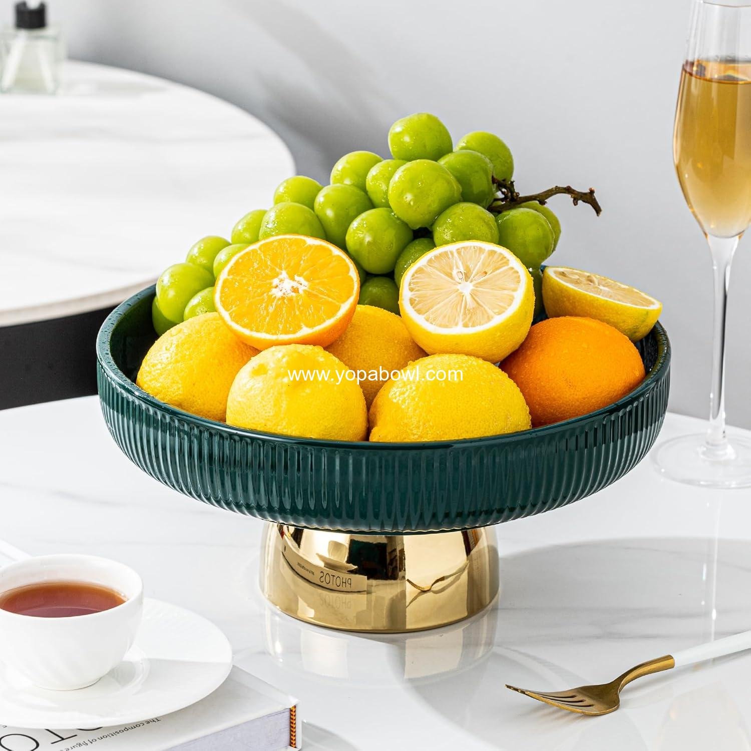 Wholesale Ceramic Fruit Bowl 11 Inch Pedestal Tray for Dinner Table, Elegant Footed Display for Salad, Dessert, or Bread, Kitchen Counter (Green) Factory
