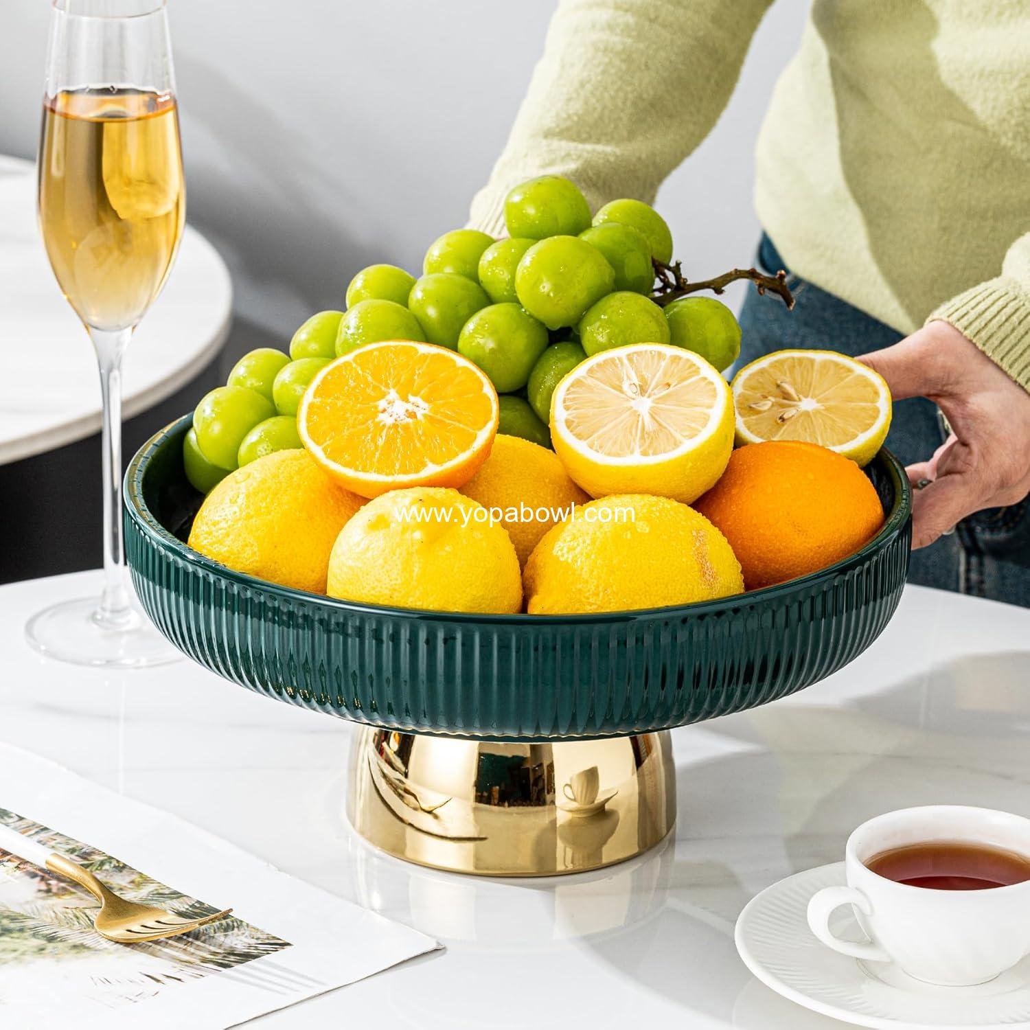Wholesale Ceramic Fruit Bowl 11 Inch Pedestal Tray for Dinner Table, Elegant Footed Display for Salad, Dessert, or Bread, Kitchen Counter (Green) Factory