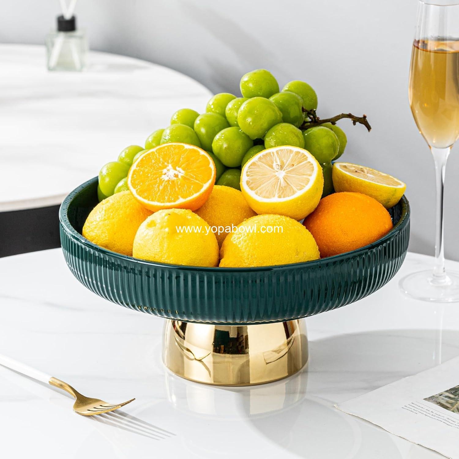 Wholesale Ceramic Fruit Bowl 11 Inch Pedestal Tray for Dinner Table, Elegant Footed Display for Salad, Dessert, or Bread, Kitchen Counter (Green) Factory