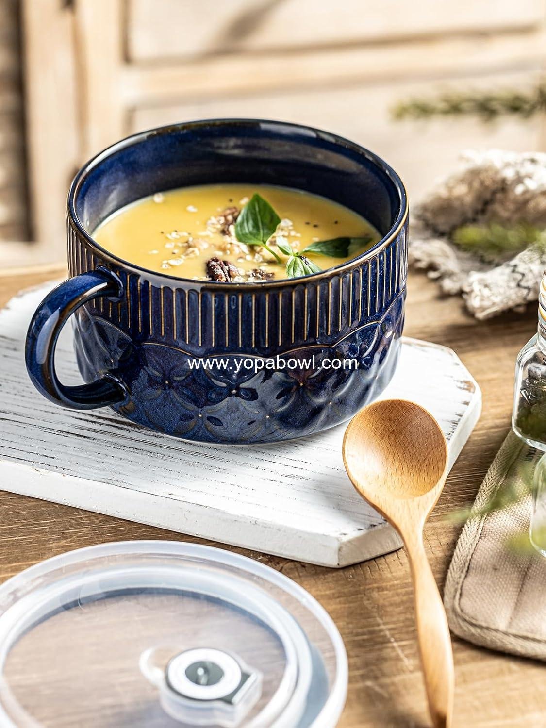 Wholesale Microwave Ramen Bowl with Lid 39oz, Ceramic Soup Container with Handle for Cereal and Office Lunch, Cobalt Blue Factory