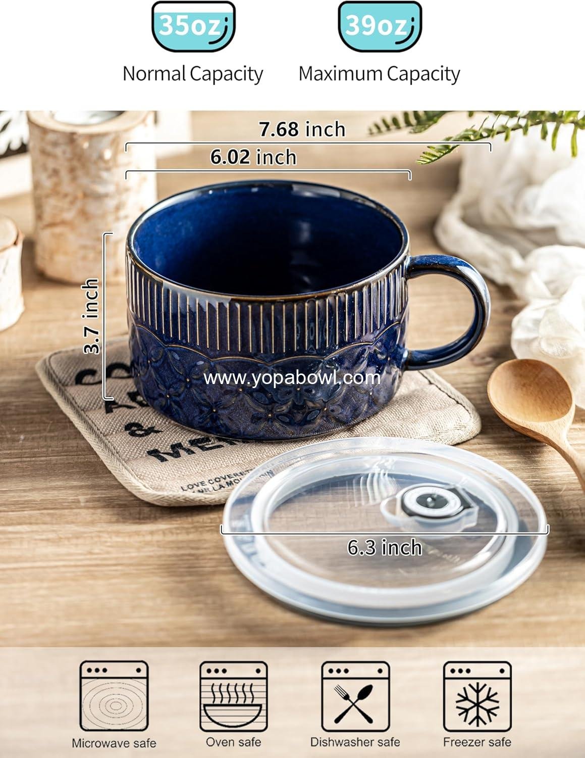 Wholesale Microwave Ramen Bowl with Lid 39oz, Ceramic Soup Container with Handle for Cereal and Office Lunch, Cobalt Blue Factory