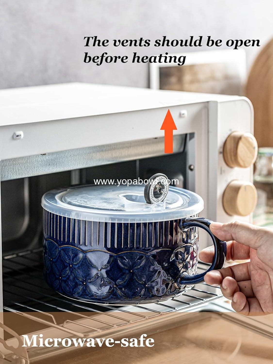 Wholesale Microwave Ramen Bowl with Lid 39oz, Ceramic Soup Container with Handle for Cereal and Office Lunch, Cobalt Blue Factory