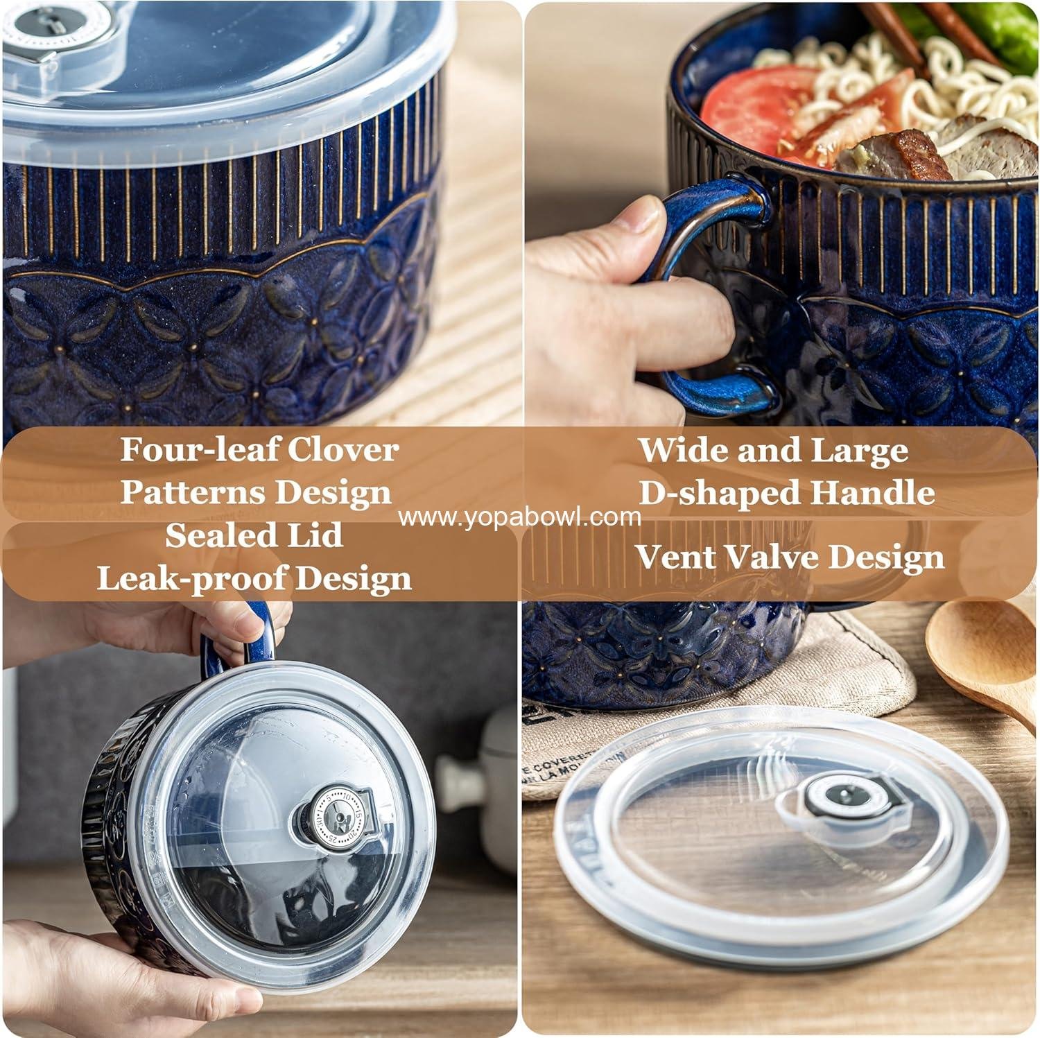 Wholesale Microwave Ramen Bowl with Lid 39oz, Ceramic Soup Container with Handle for Cereal and Office Lunch, Cobalt Blue Factory